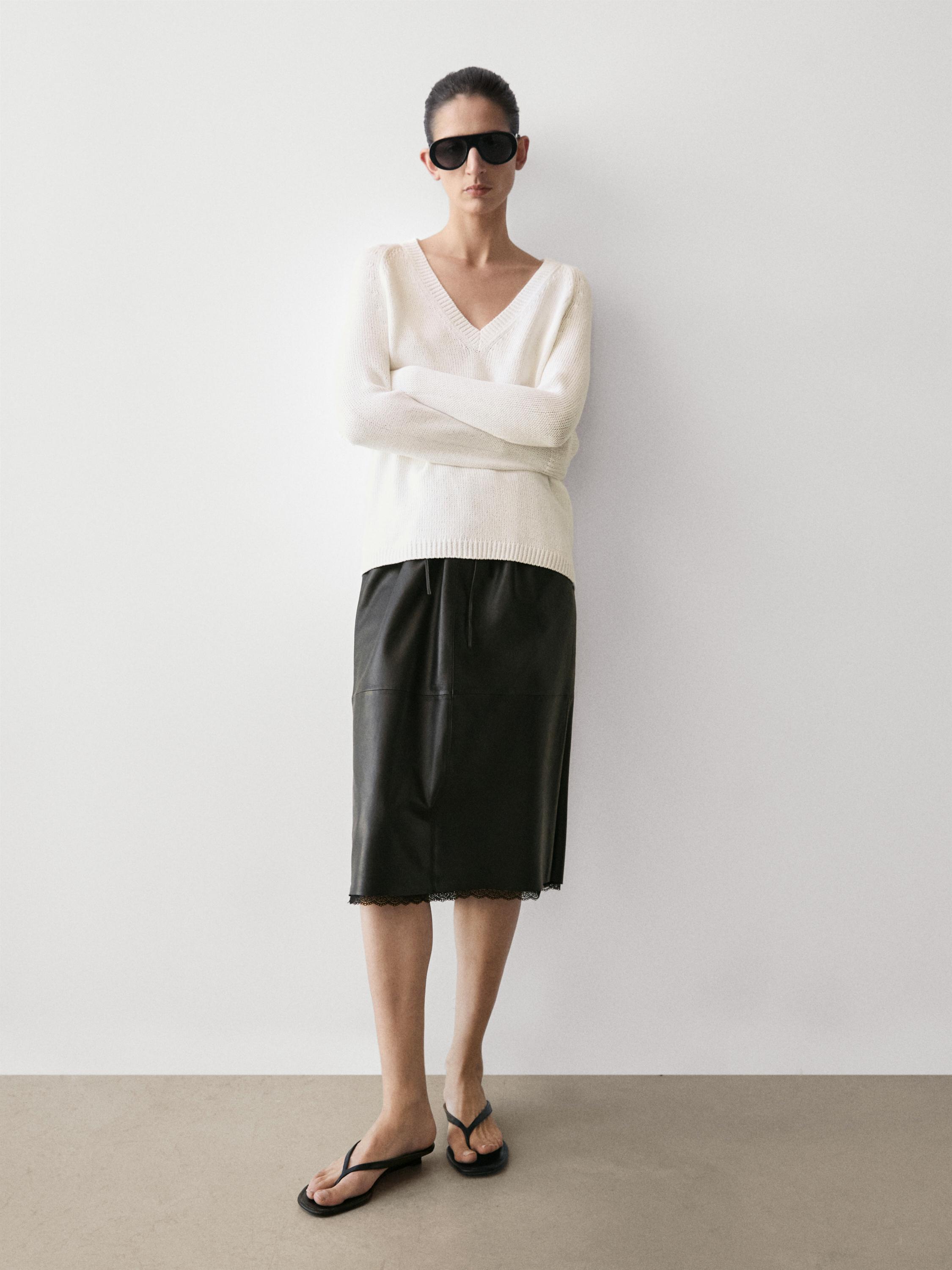 Nappa leather midi skirt with lace detail — BLACK