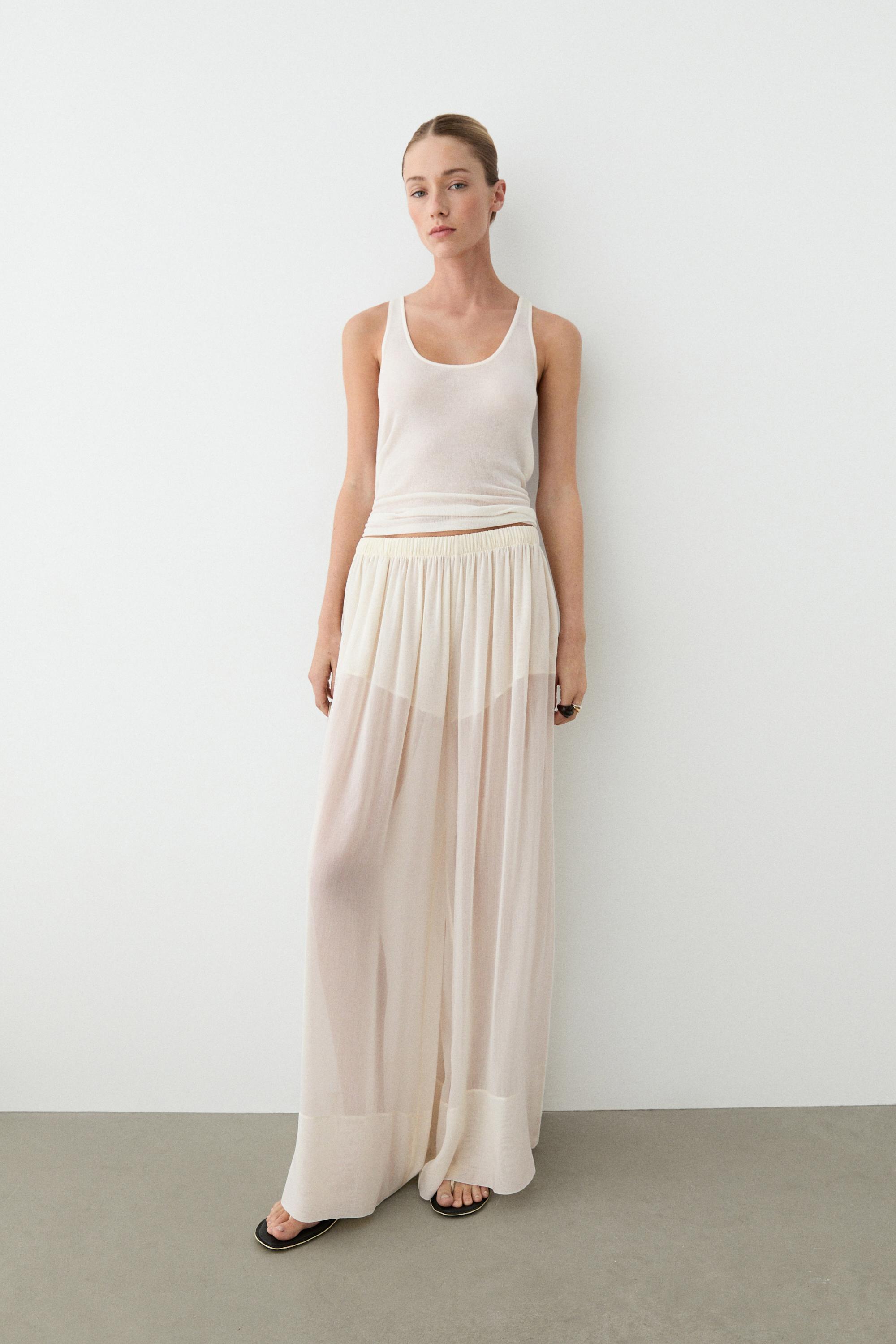 Semi-sheer flowing wide-leg pants — Off white