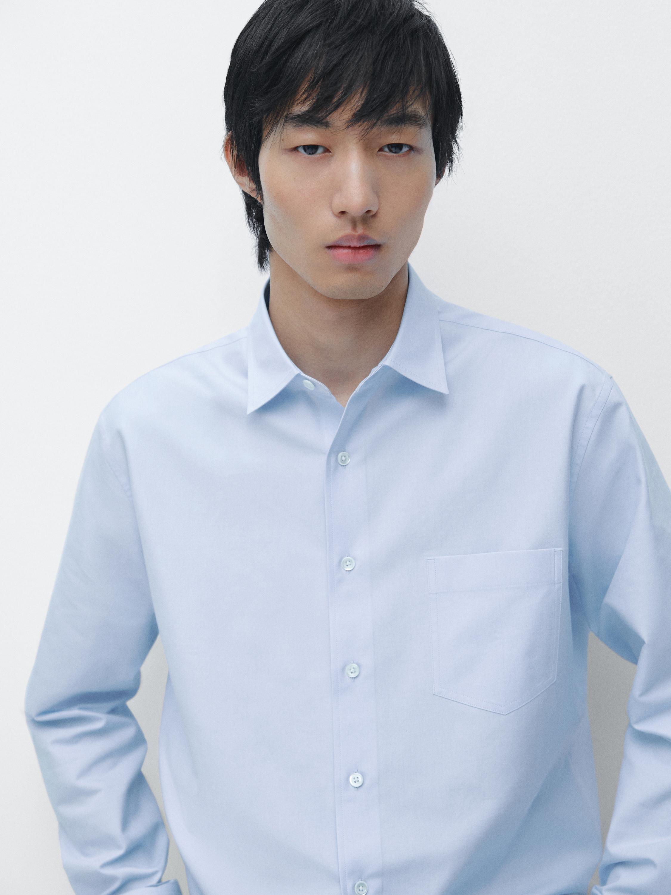 Slim fit cotton blend shirt — Sky blue