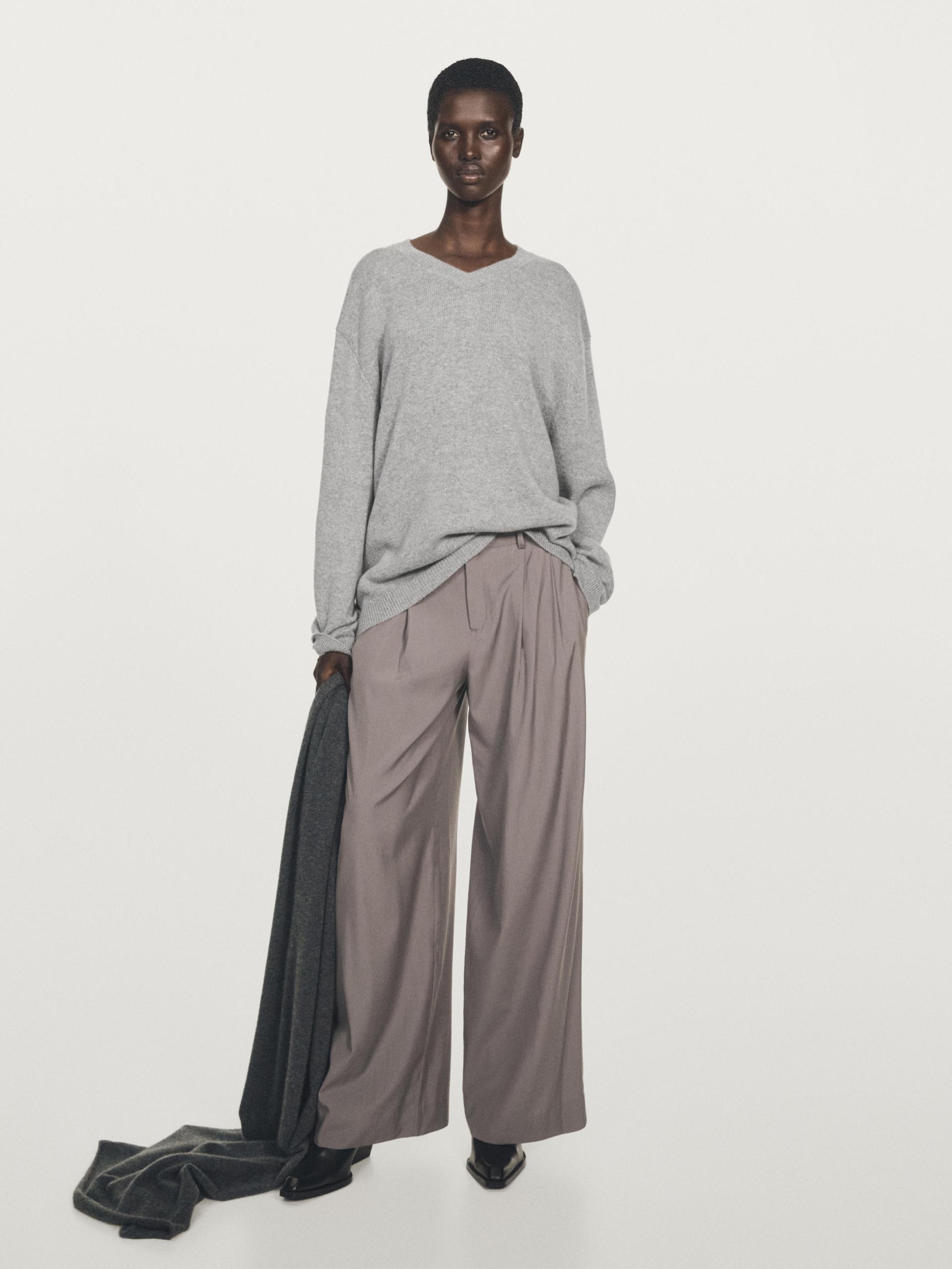 Pull Oversize Col En V Cachemire - Gris Moyen - M - Massimo Dutti - Femme