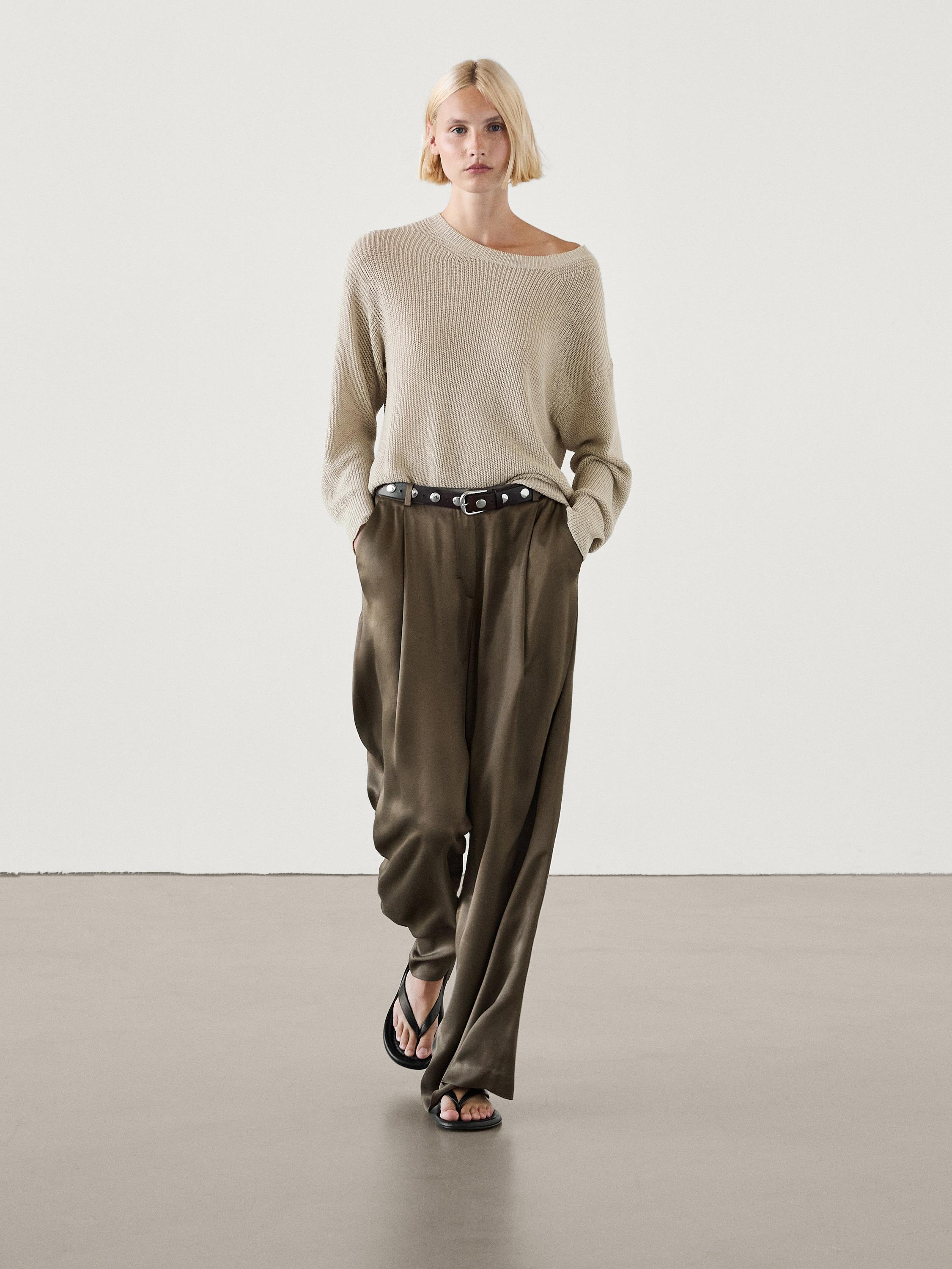 Darted satin wide leg trousers Greyish Green Dressy Massimo Dutti