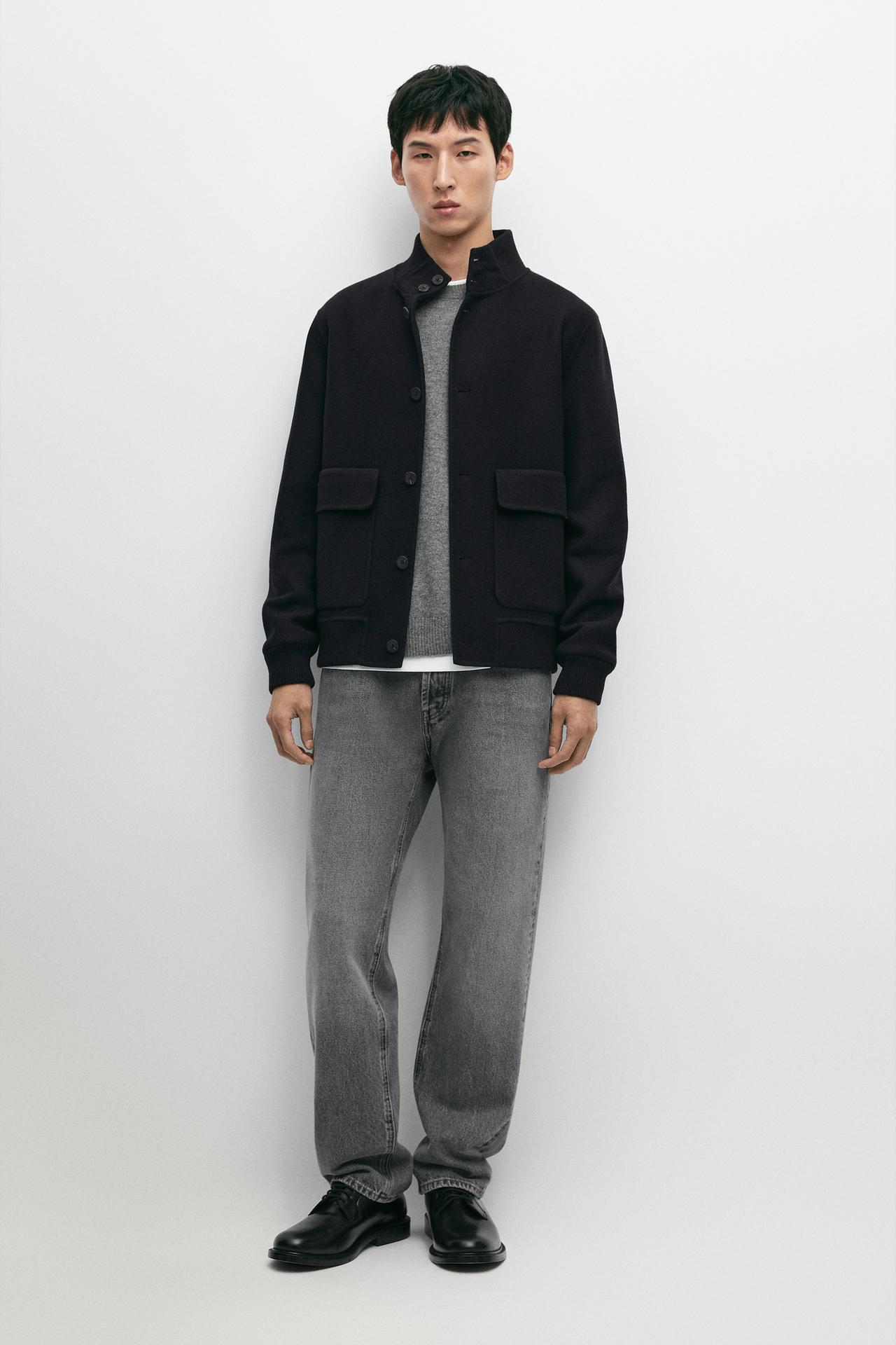 Wool blend pocket detail bomber jacket — DEEP BLUE