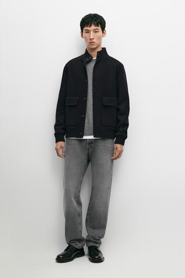 Wool blend pocket detail bomber jacket — DEEP BLUE 1
