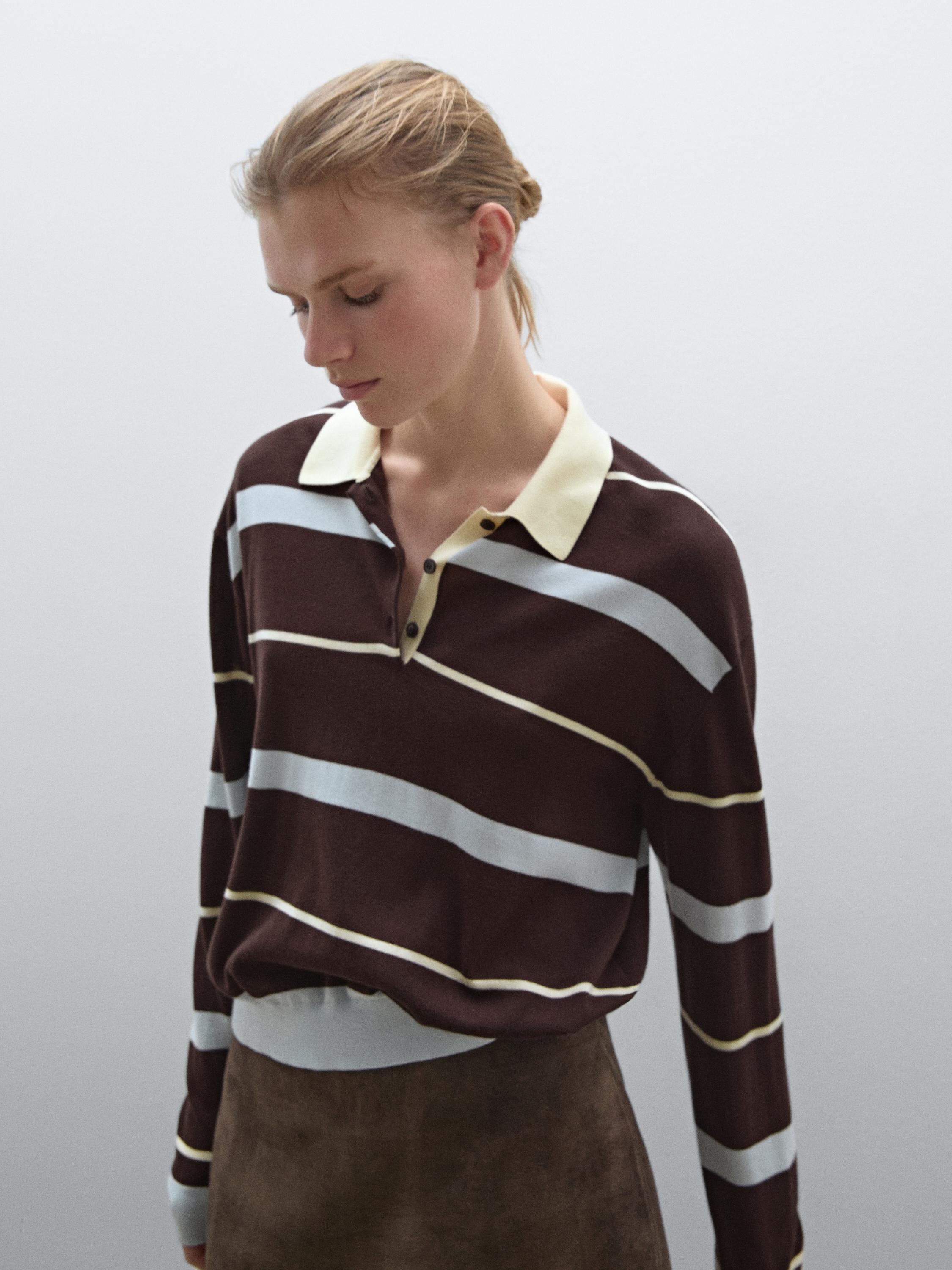 Striped knit sweater with polo collar