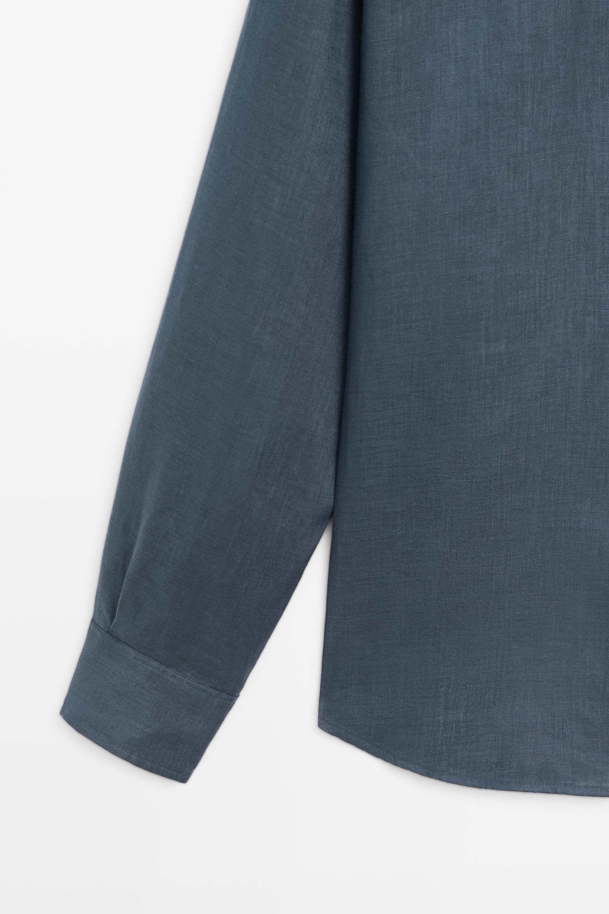 Regular fit stand collar 100% linen shirt — PETROLEUM