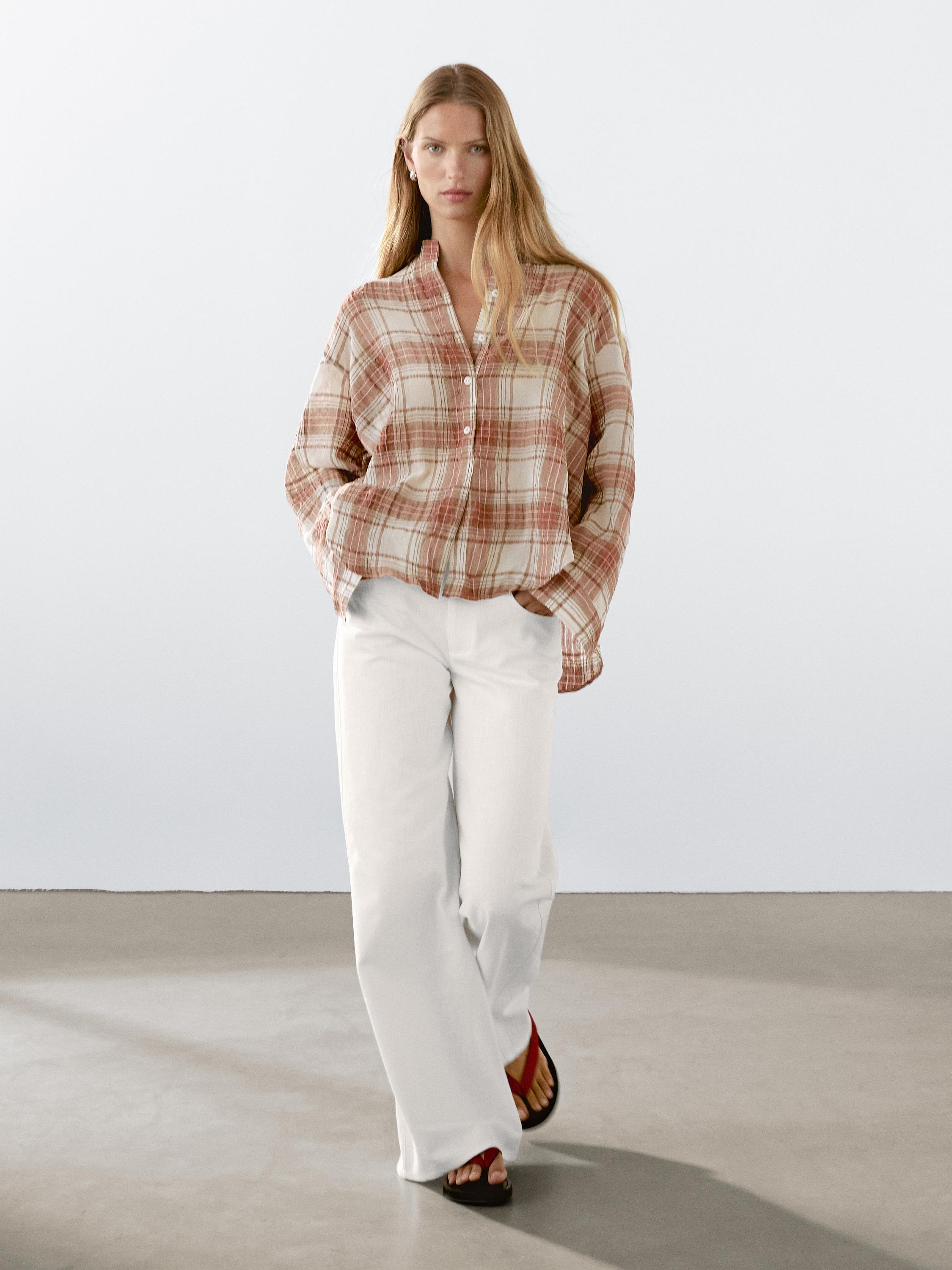 Oversized checked shirt with stand collar