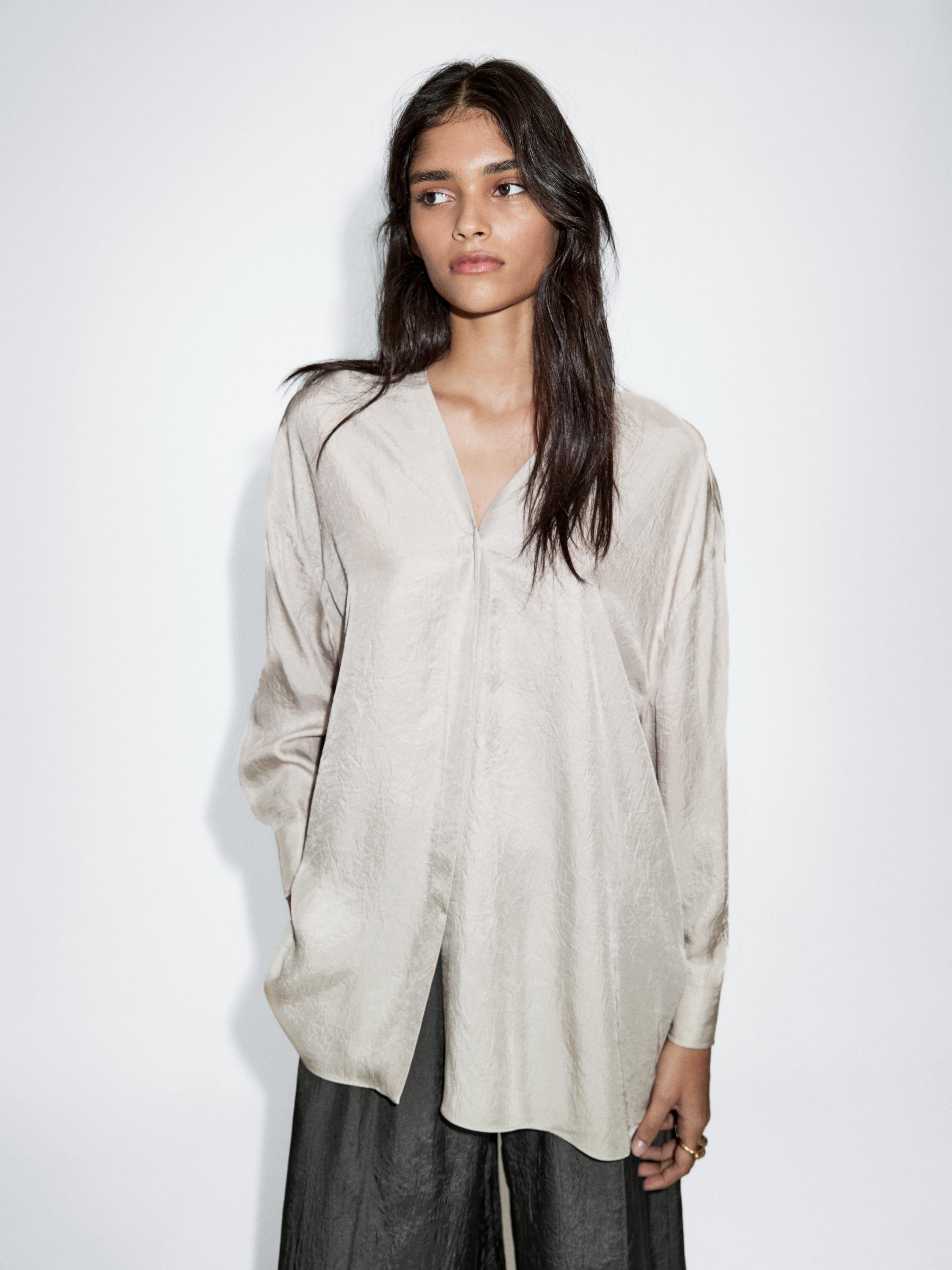 Flowing satin V-neck shirt
