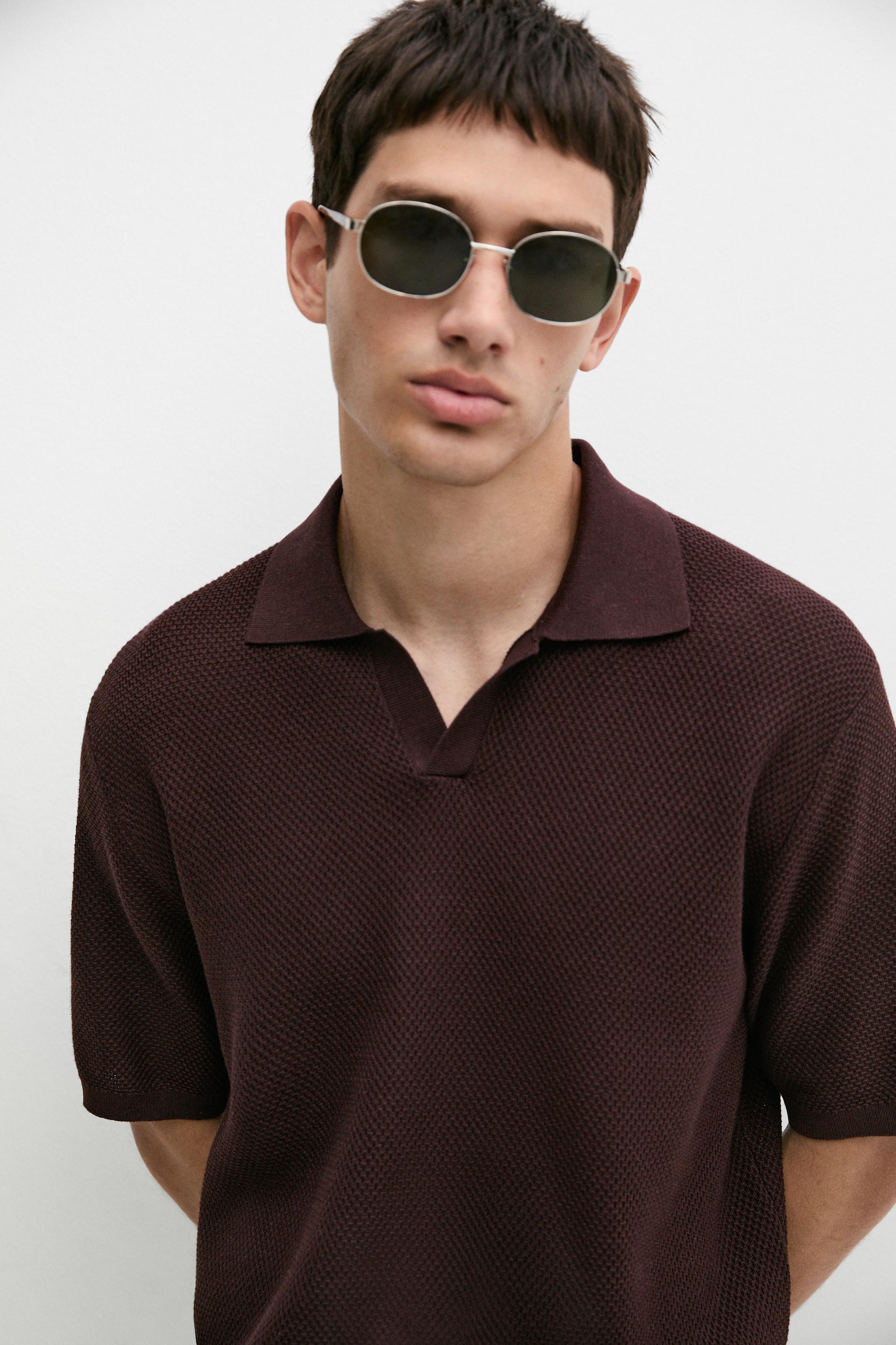 Cotton blend knit V-neck polo shirt — BURGUNDY