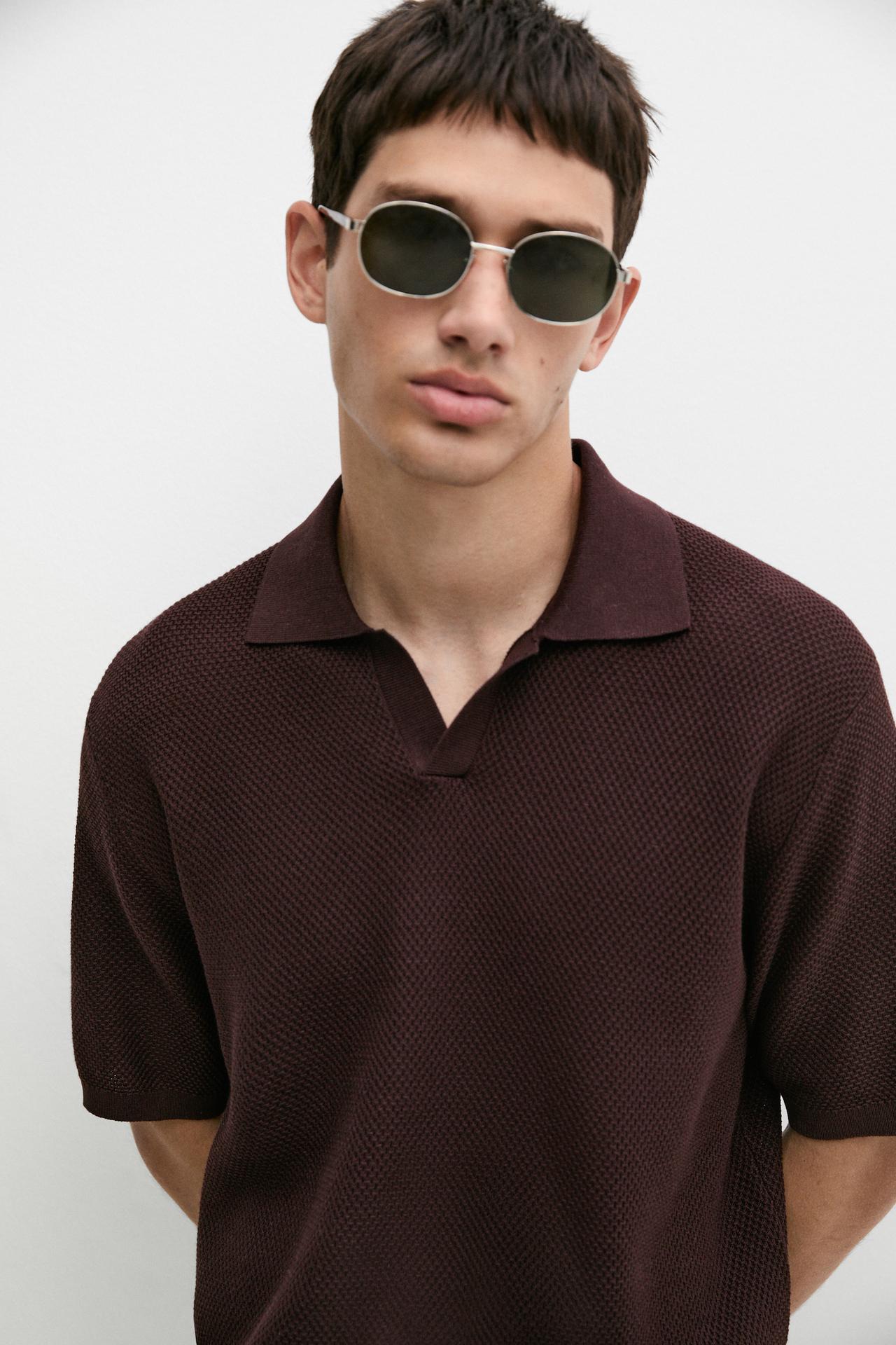 Cotton blend knit V-neck polo shirt — BURGUNDY