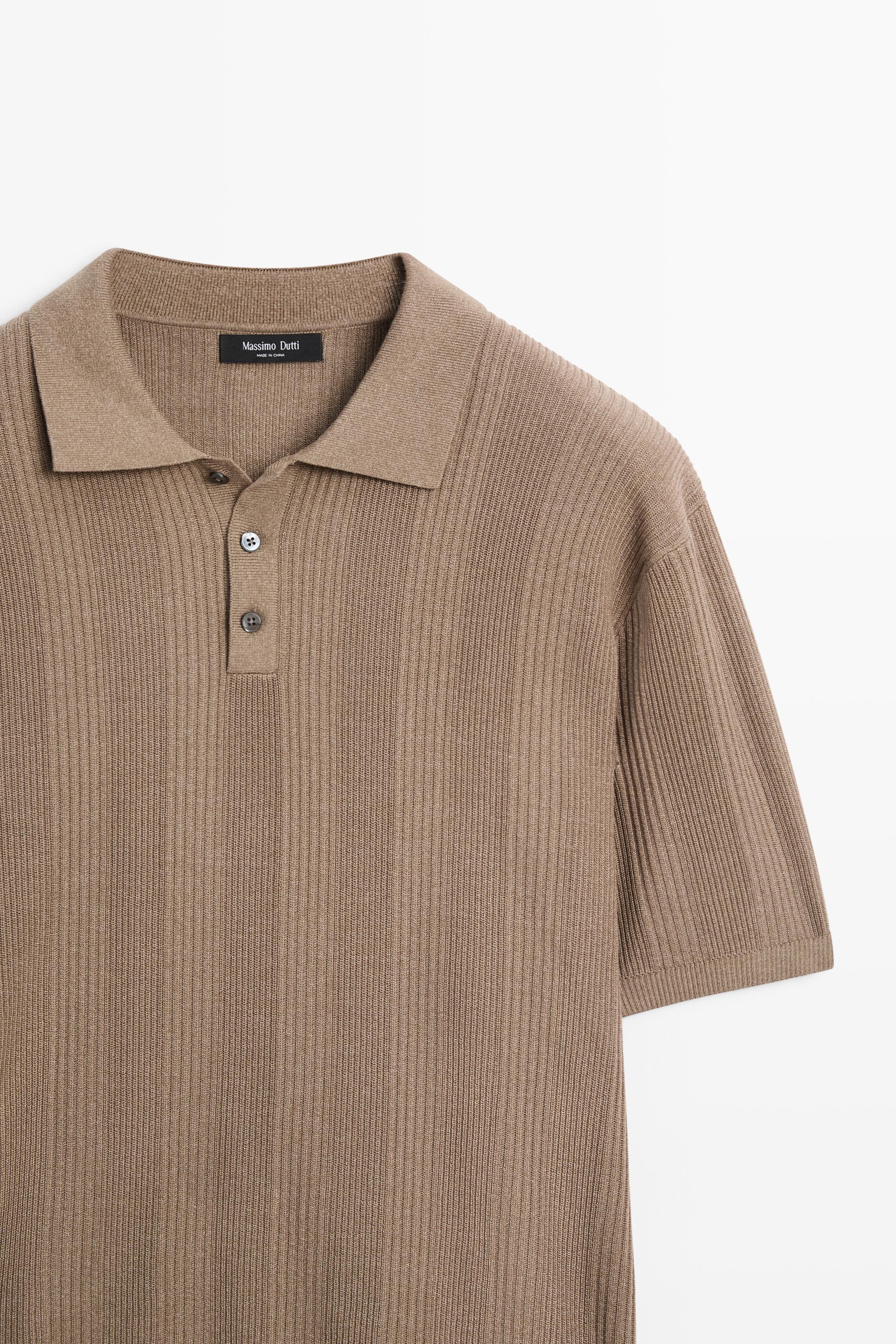 100% cotton textured striped knit polo shirt — PALE KHAKI