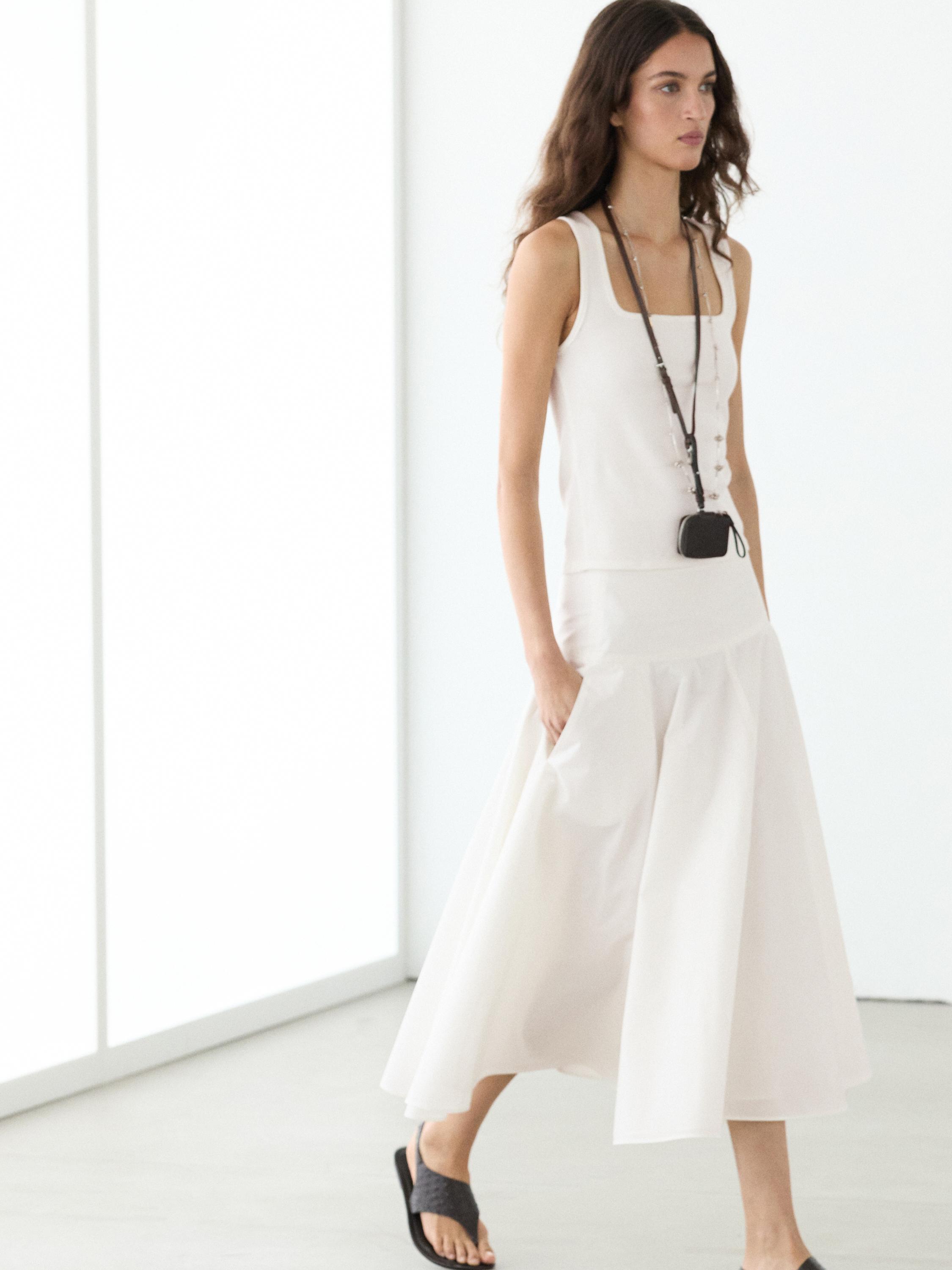 Bel detaylı %100 pamuklu midi etek