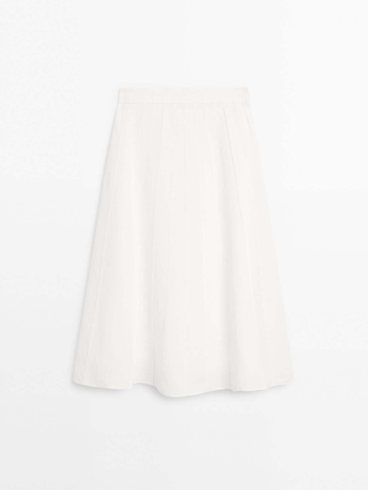 Massimo Dutti - Dame - Midinederdel Med Sømdetaljer Og Svaj - Råhvid - 38