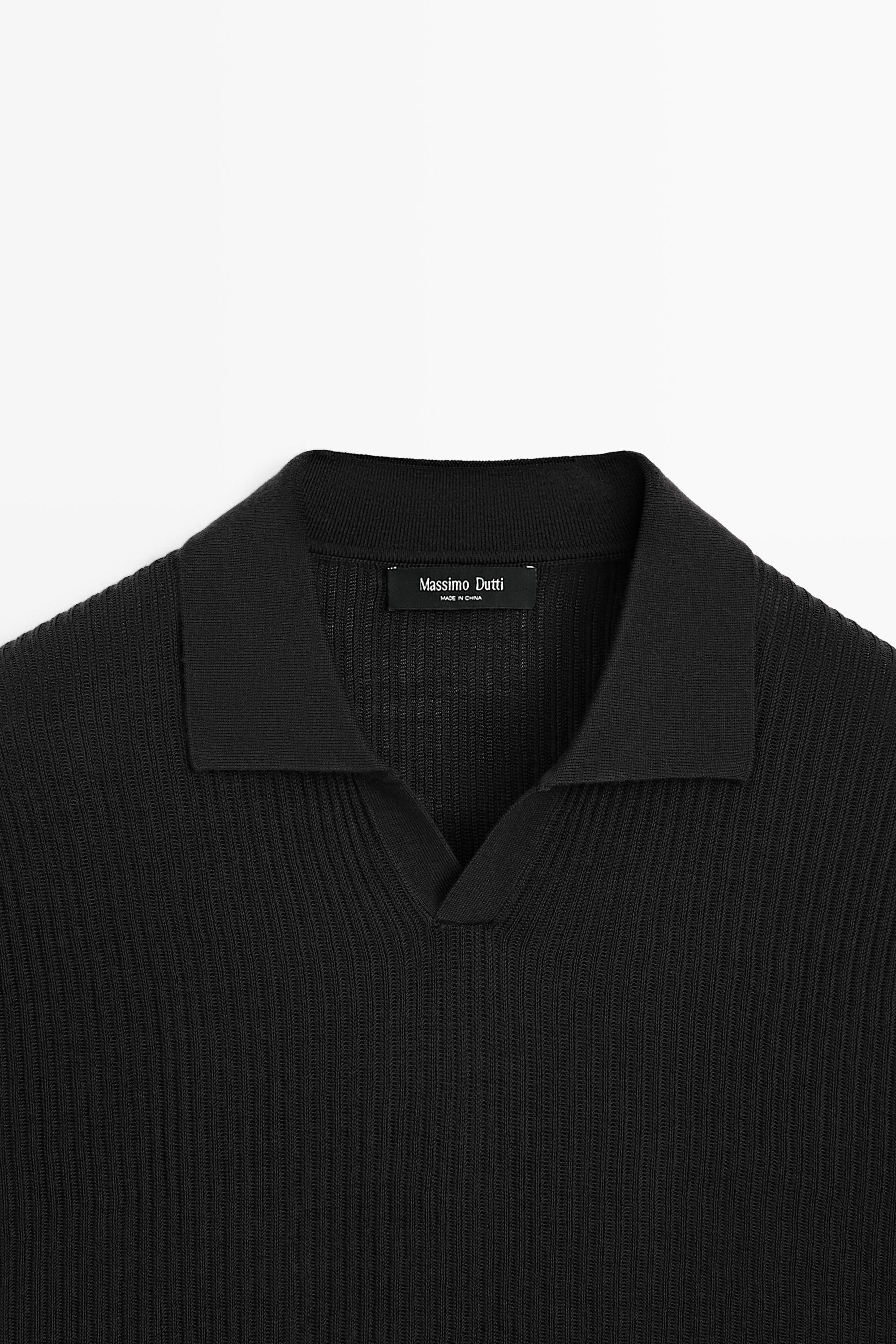 Wool blend short sleeve knit polo — BLACK