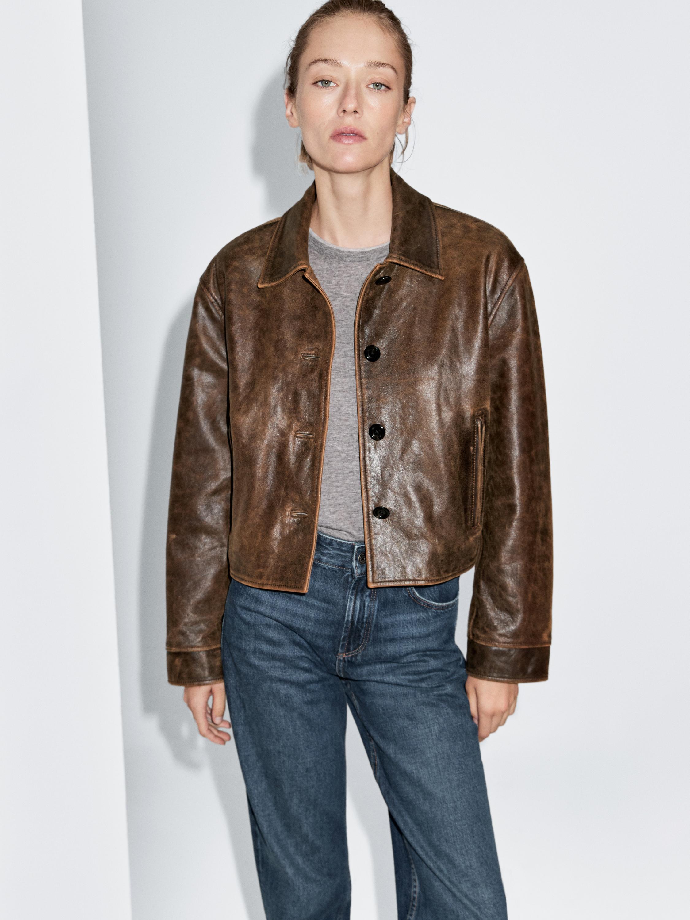Veste courte effet usé en cuir nappa