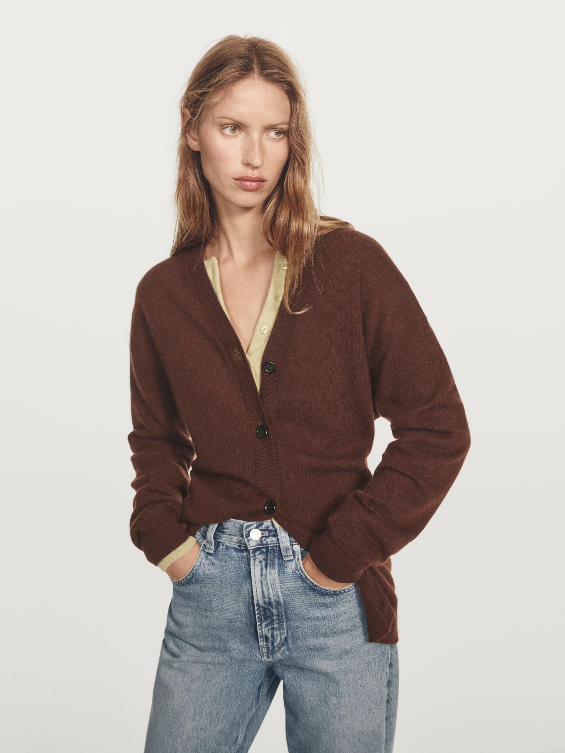 Cardigan Oversize Com Decote Em Bico De Caxemira - Terracota - Xs - Massimo Dutti - Mulher