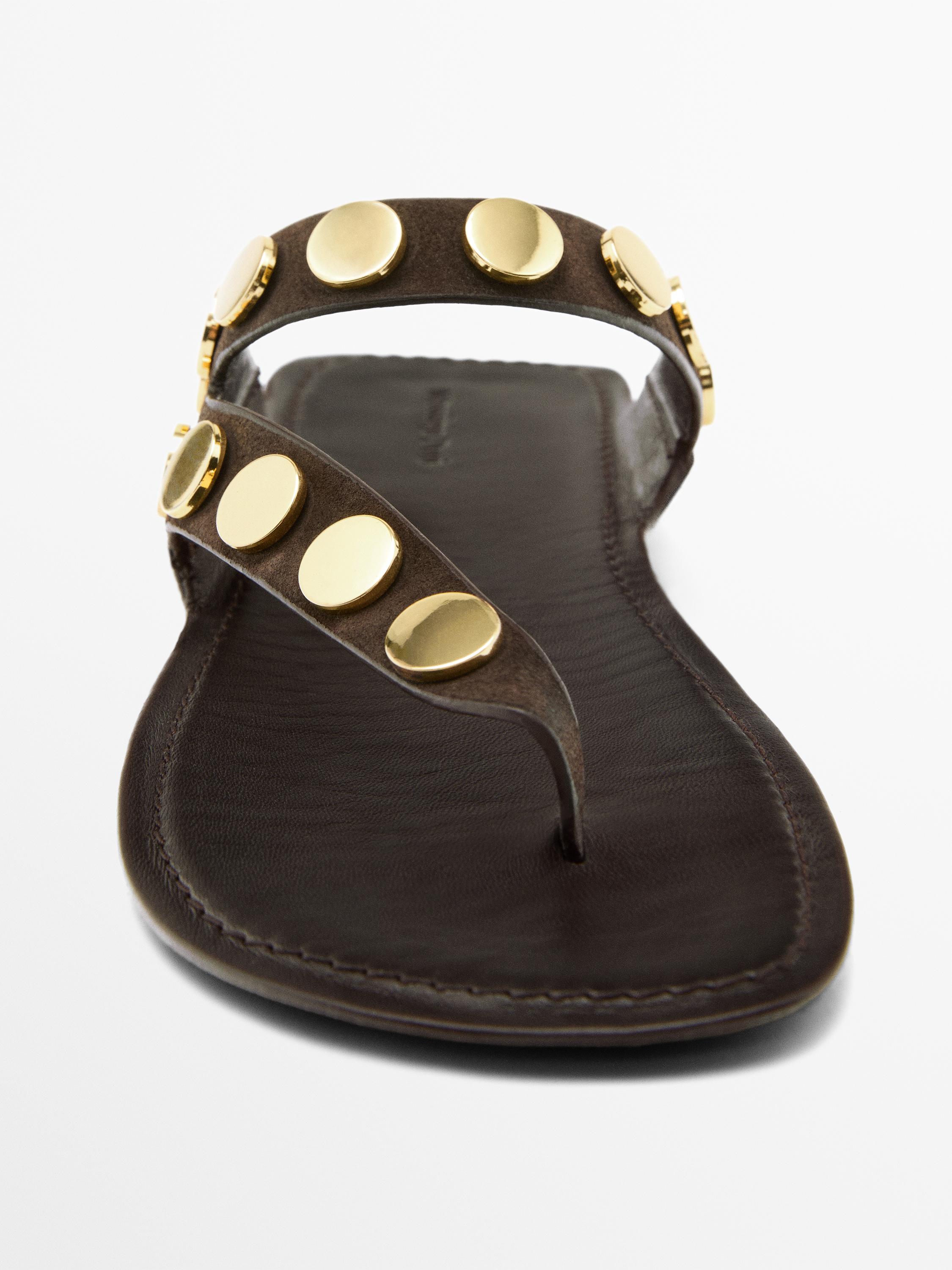Metallic studded flat sandals — BROWN