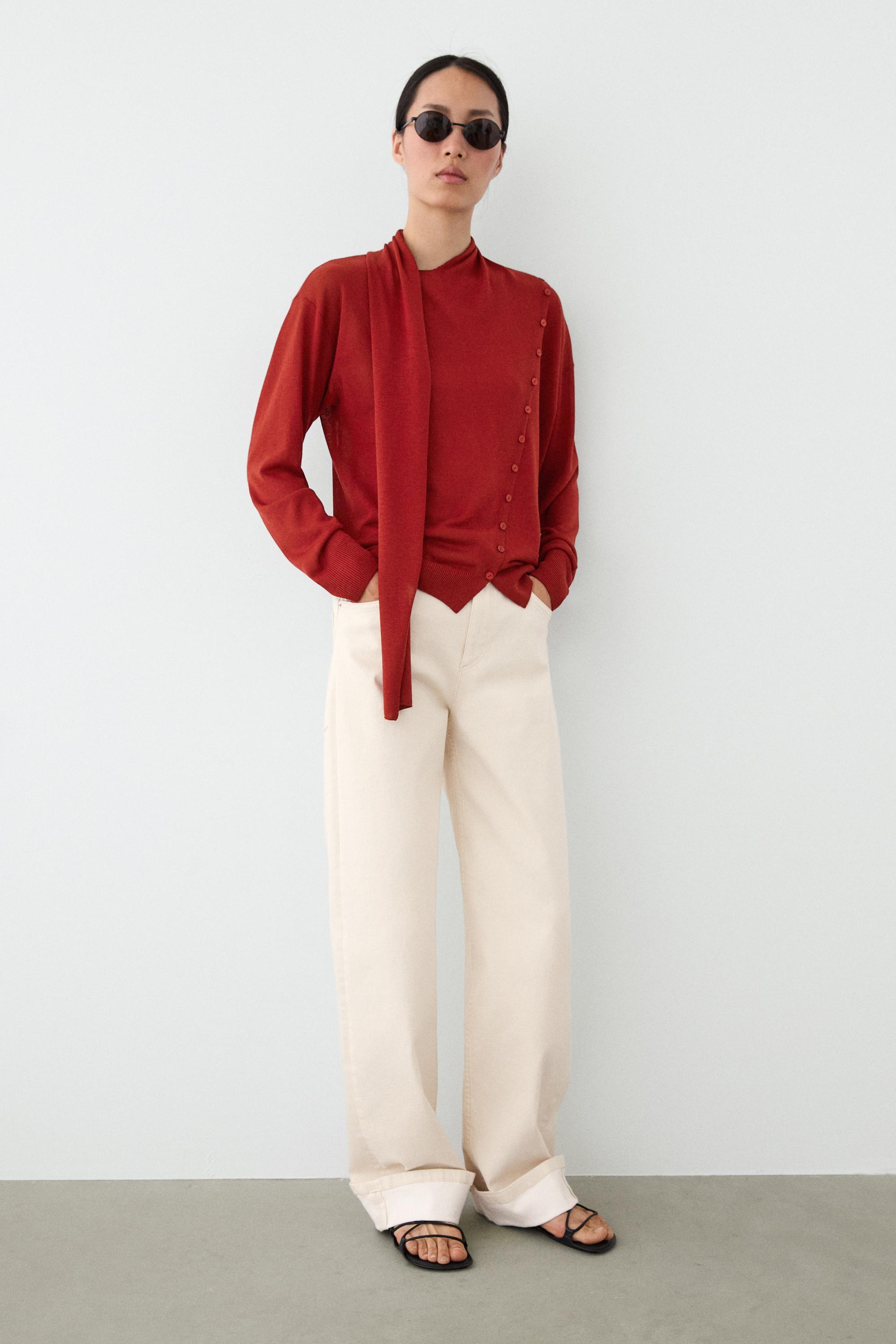 Cardigan with buttoned scarf detail — RED