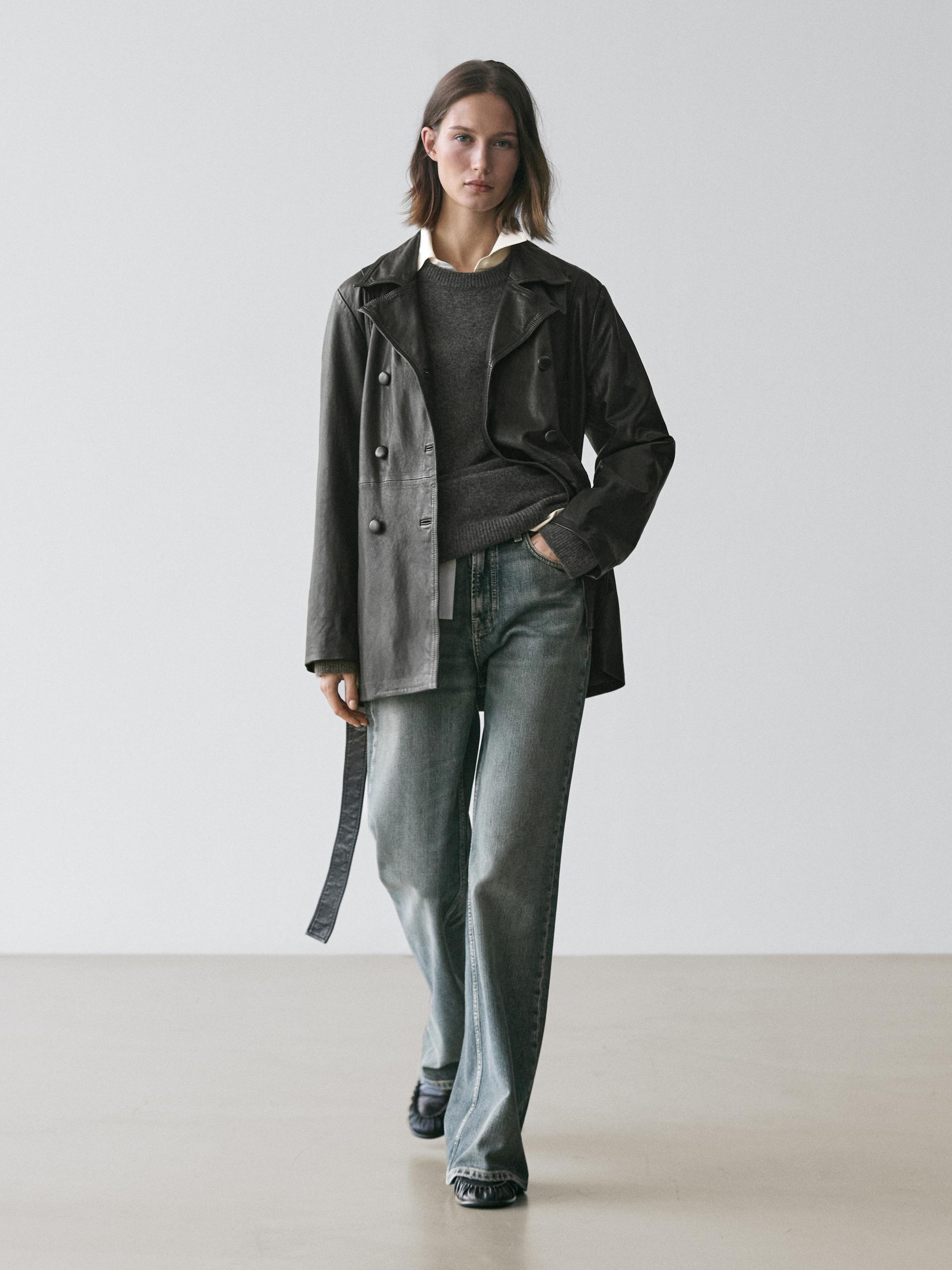 Veste Avec Ceinture En Cuir Nappa - Noir - S - Massimo Dutti - Femme