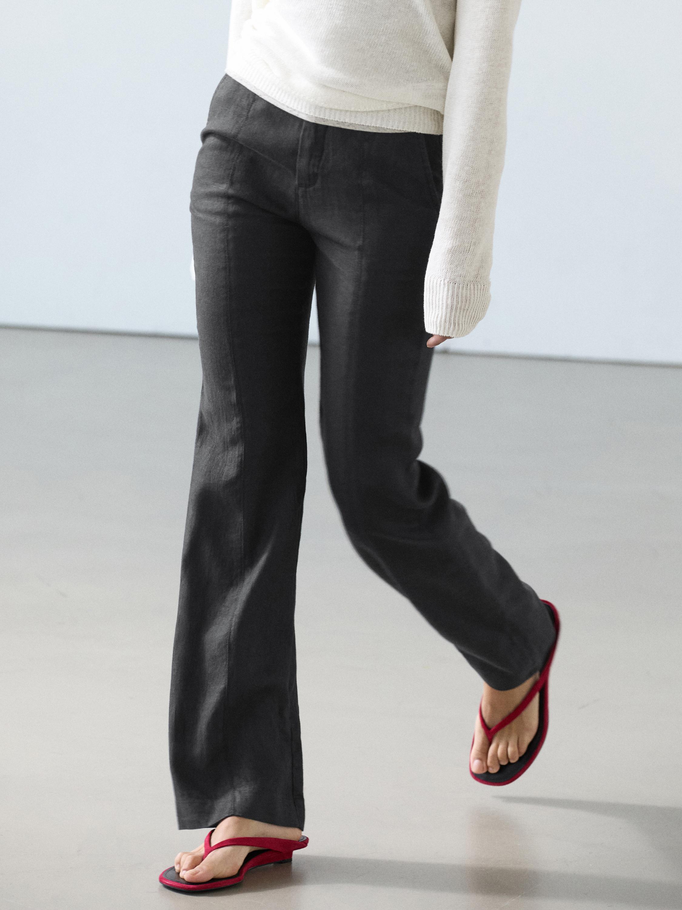 100% linen kick flare fit pants — BLACK