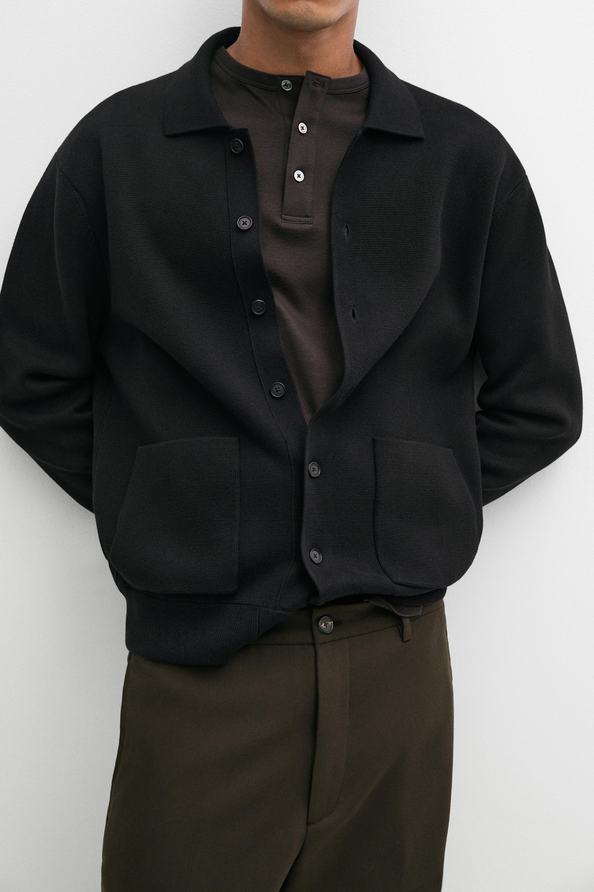 100% cotton knit polo collar cardigan — BLACK