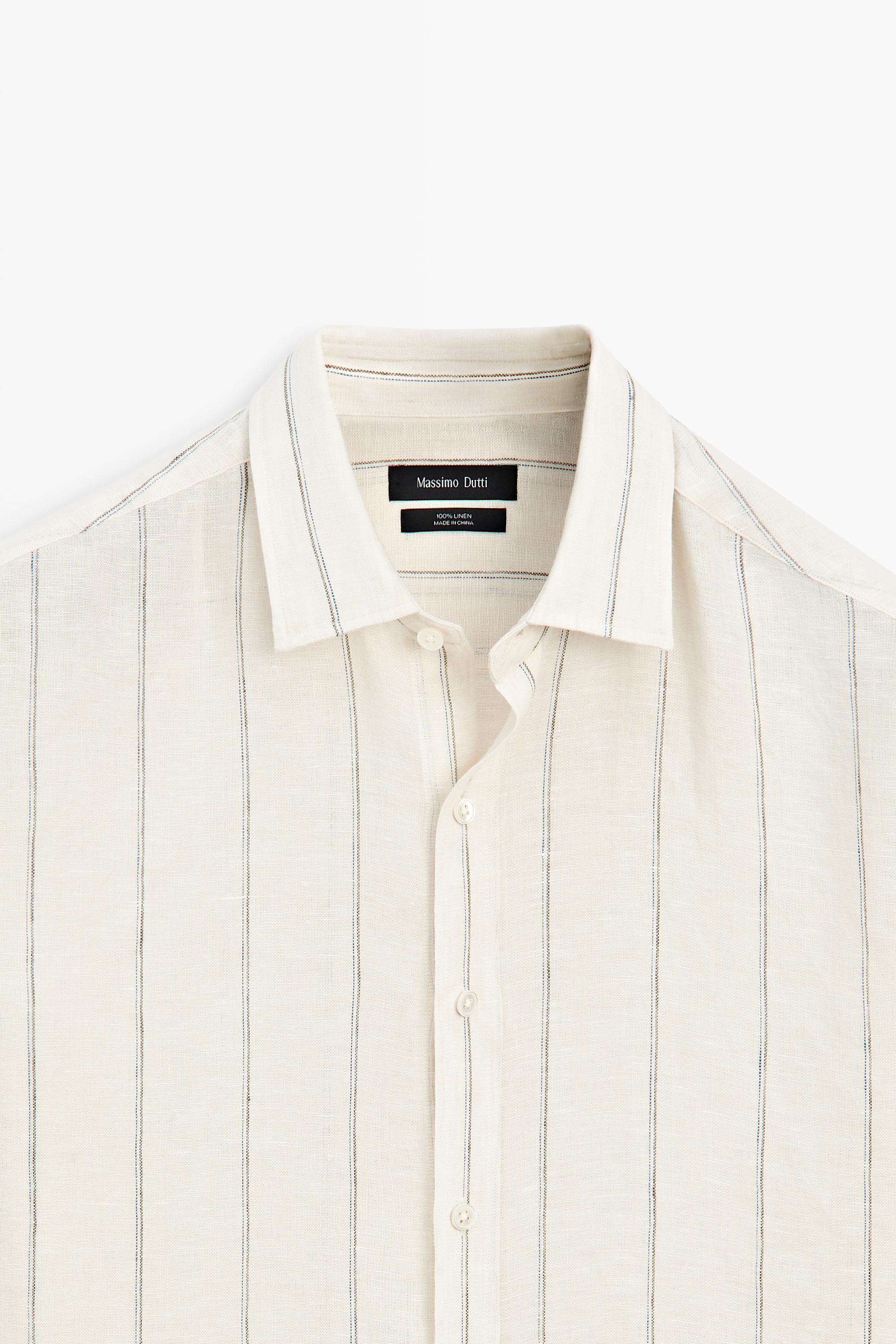 100% linen regular fit striped shirt — CREAM