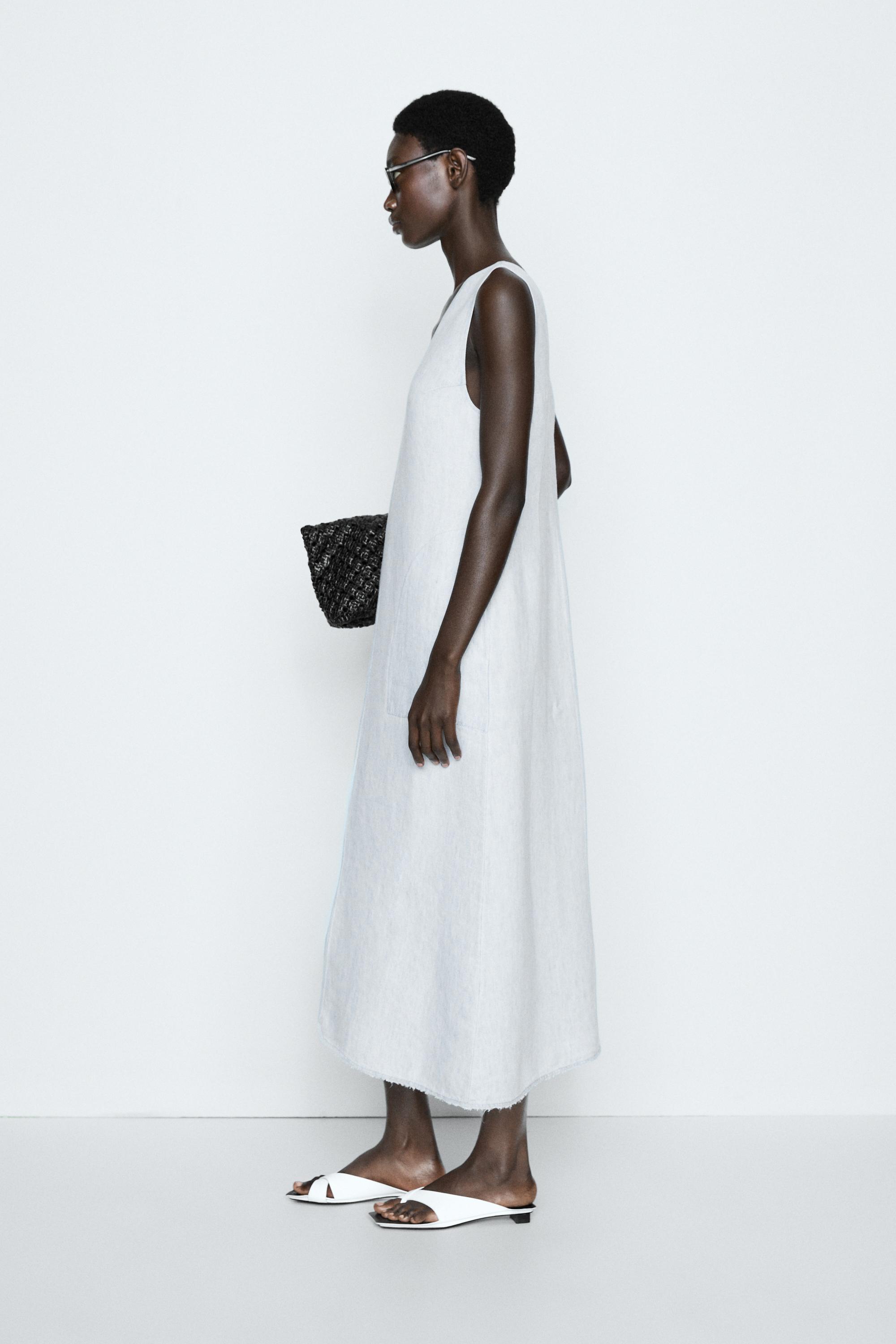 100% Linen Midi Dress - STUDIO — Light Blue