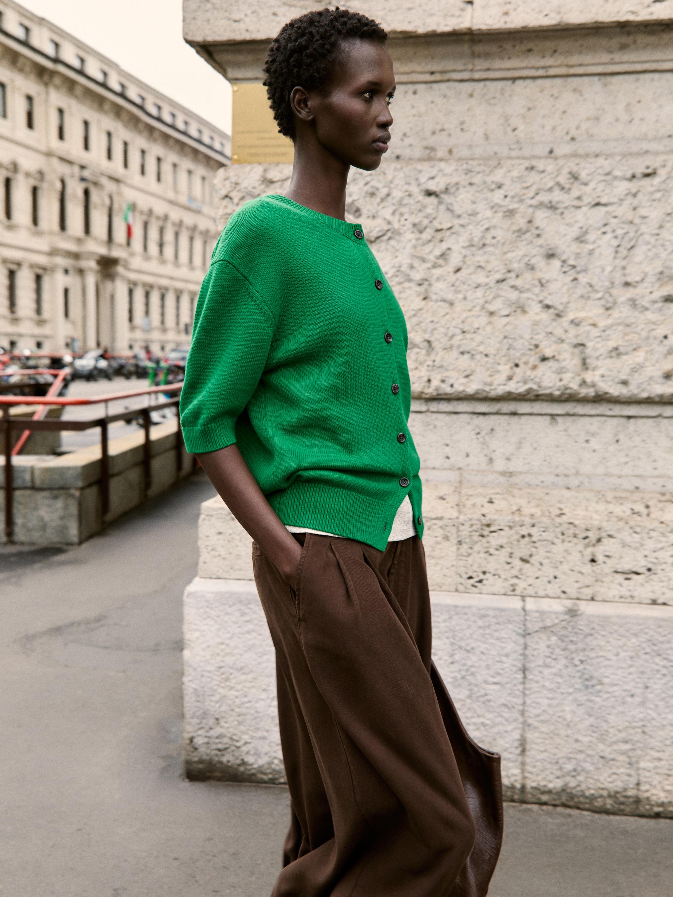 Cotton blend short sleeve knit cardigan — GREEN
