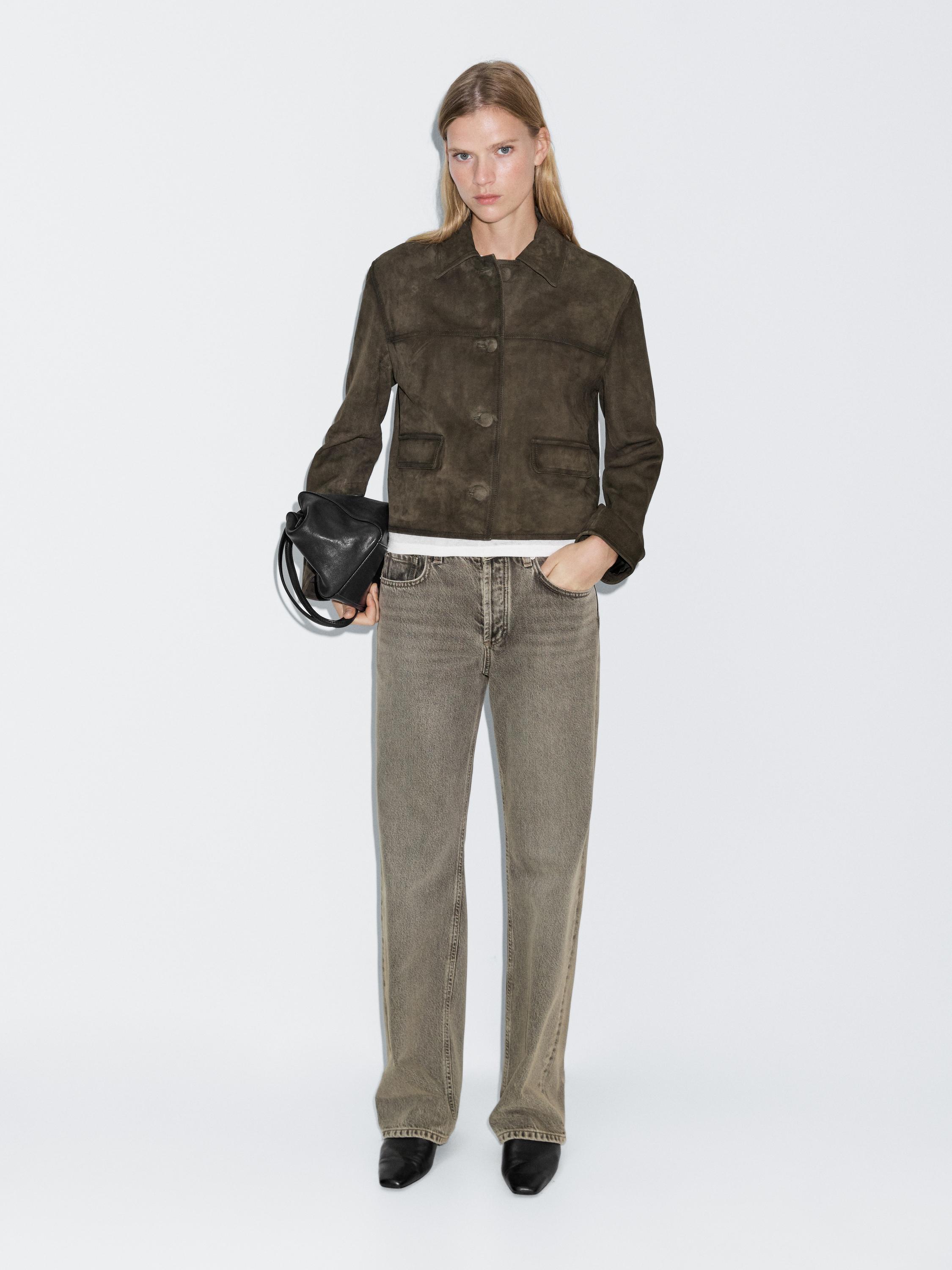 Veste en cuir effet daim avec boutons recouverts