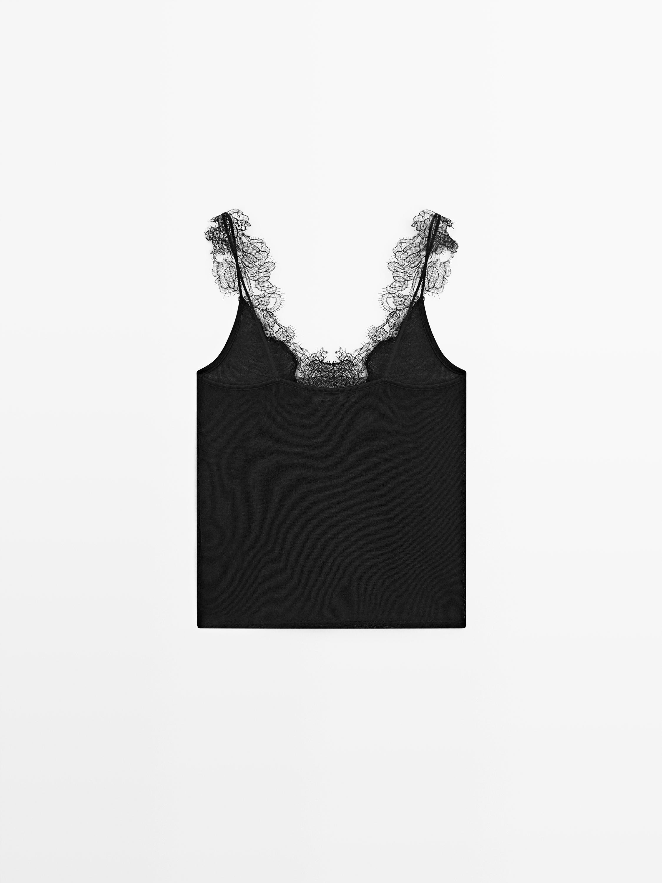Top din tricot cu bretele și danteluță · Negru · Circular