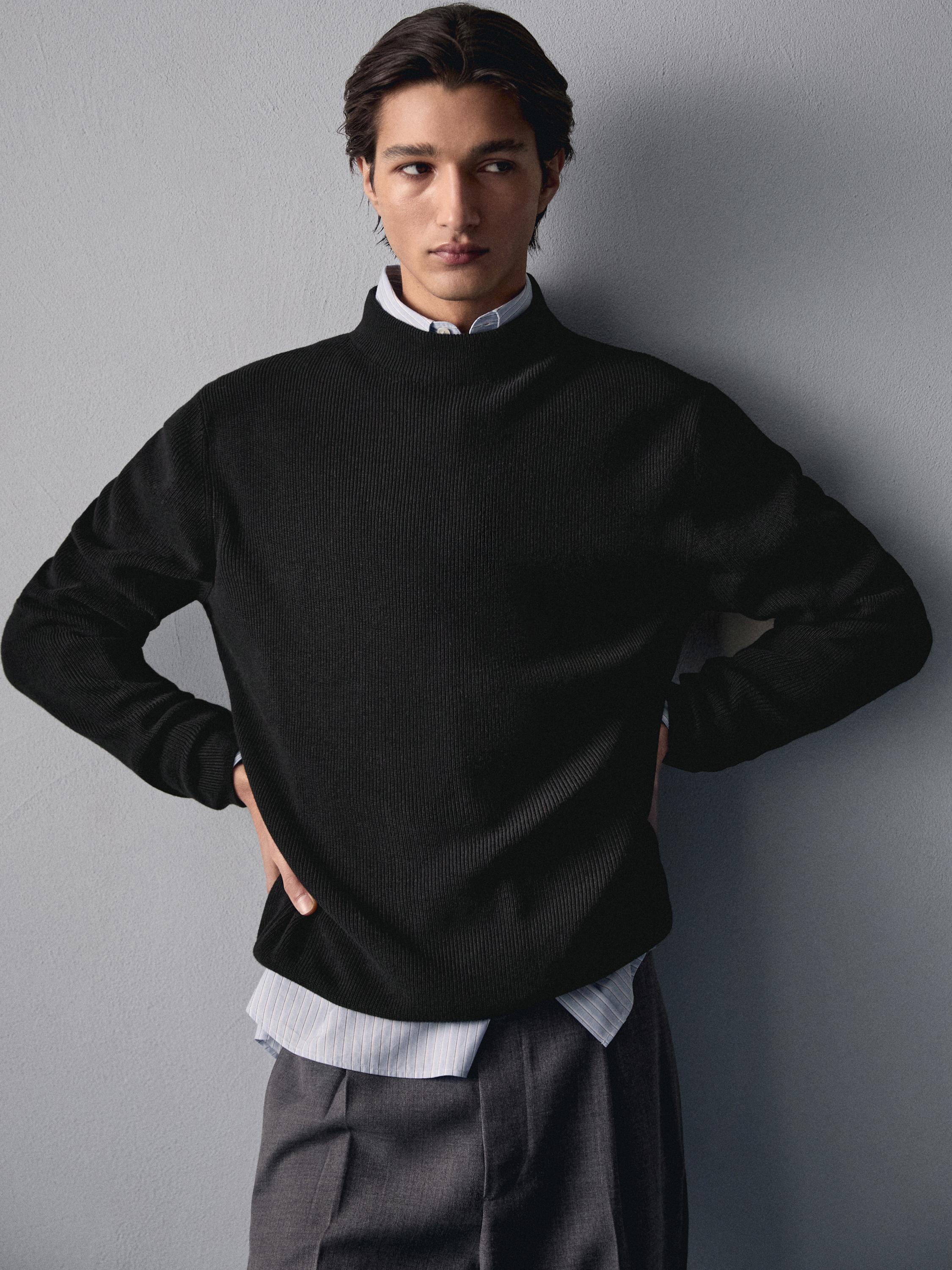 Cotton blend knit sweater with mock turtleneck — BLACK