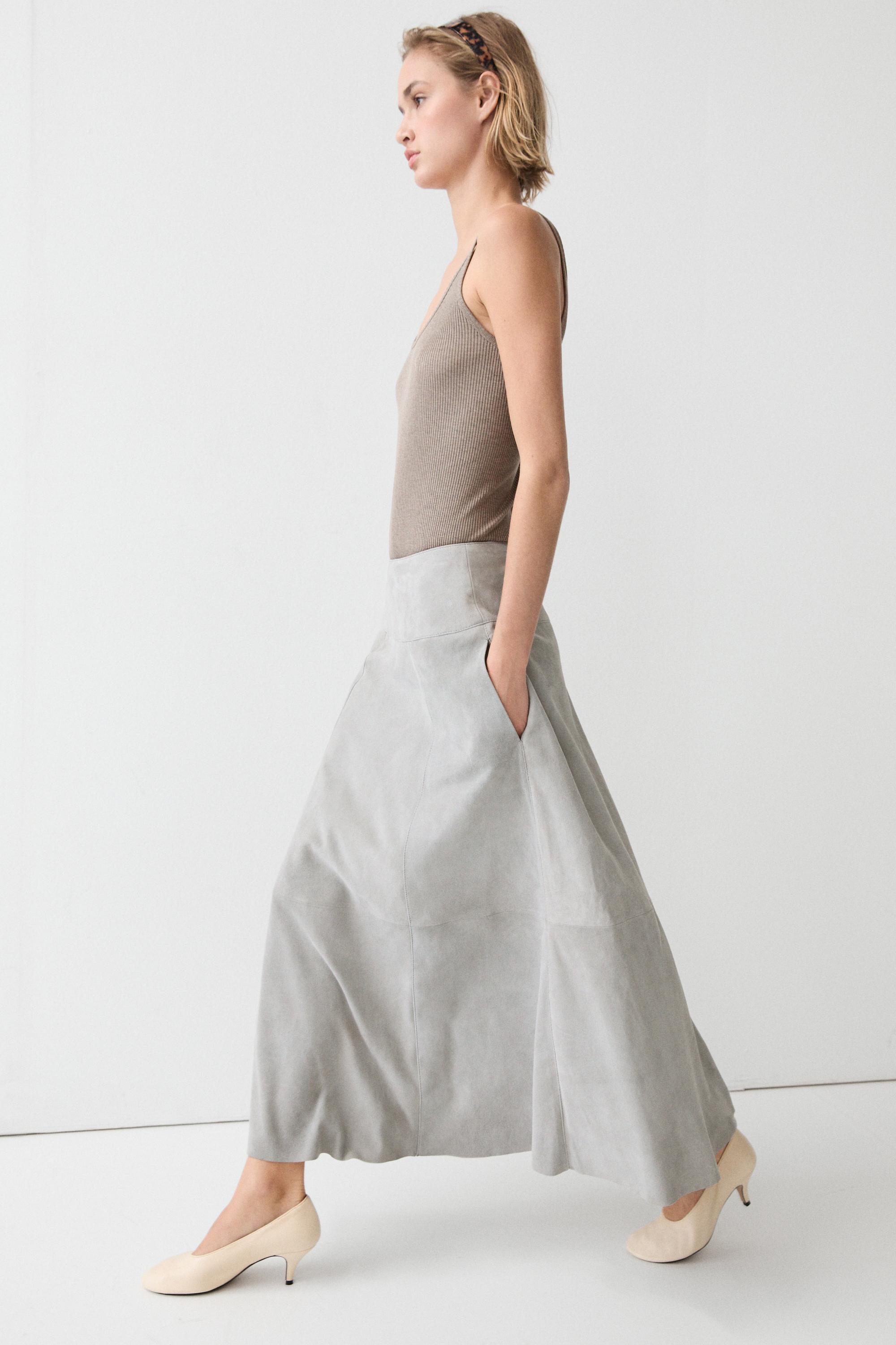 Suede flared midi skirt with sash — BLUISH GREY
