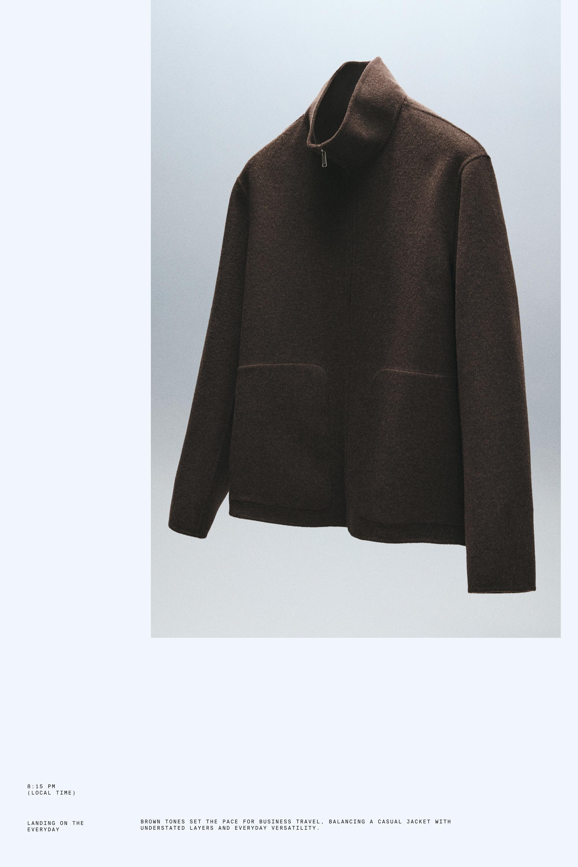 Wool blend double fabric high neck jacket — BROWN