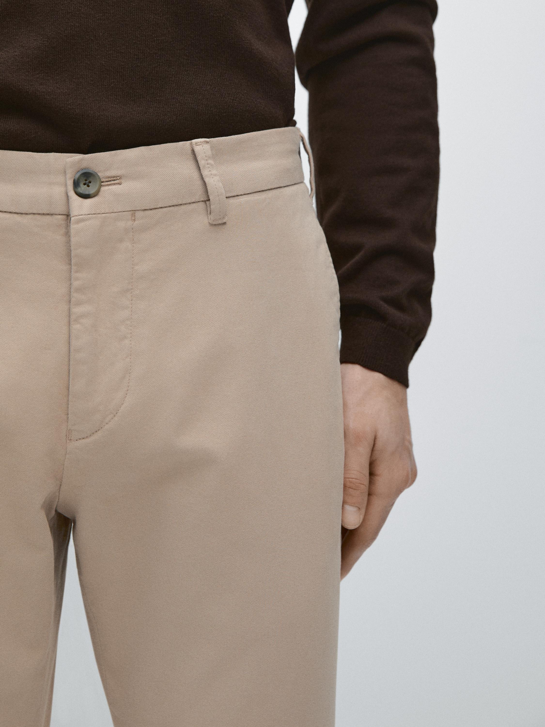 Cotton blend slim fit trousers — BEIGE