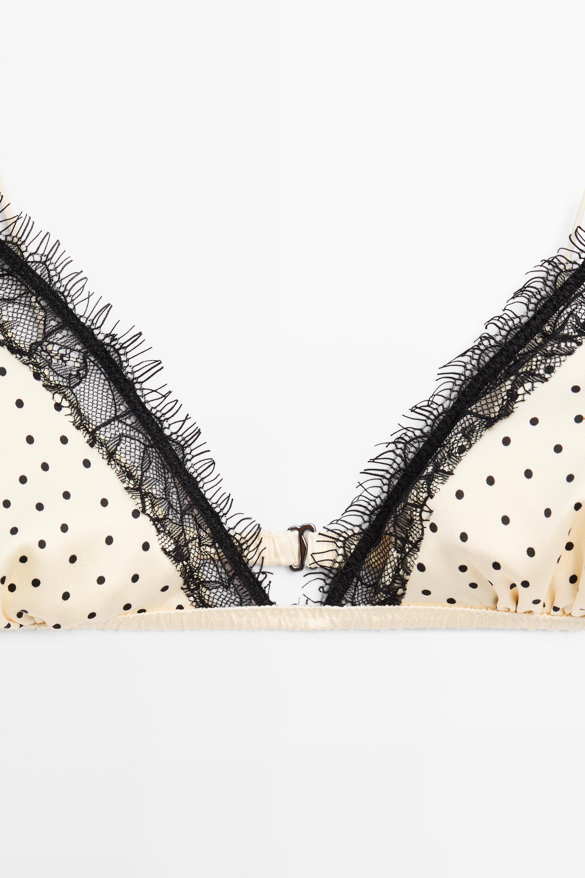 Lace-trimmed polka dot triangle bra — CREAM