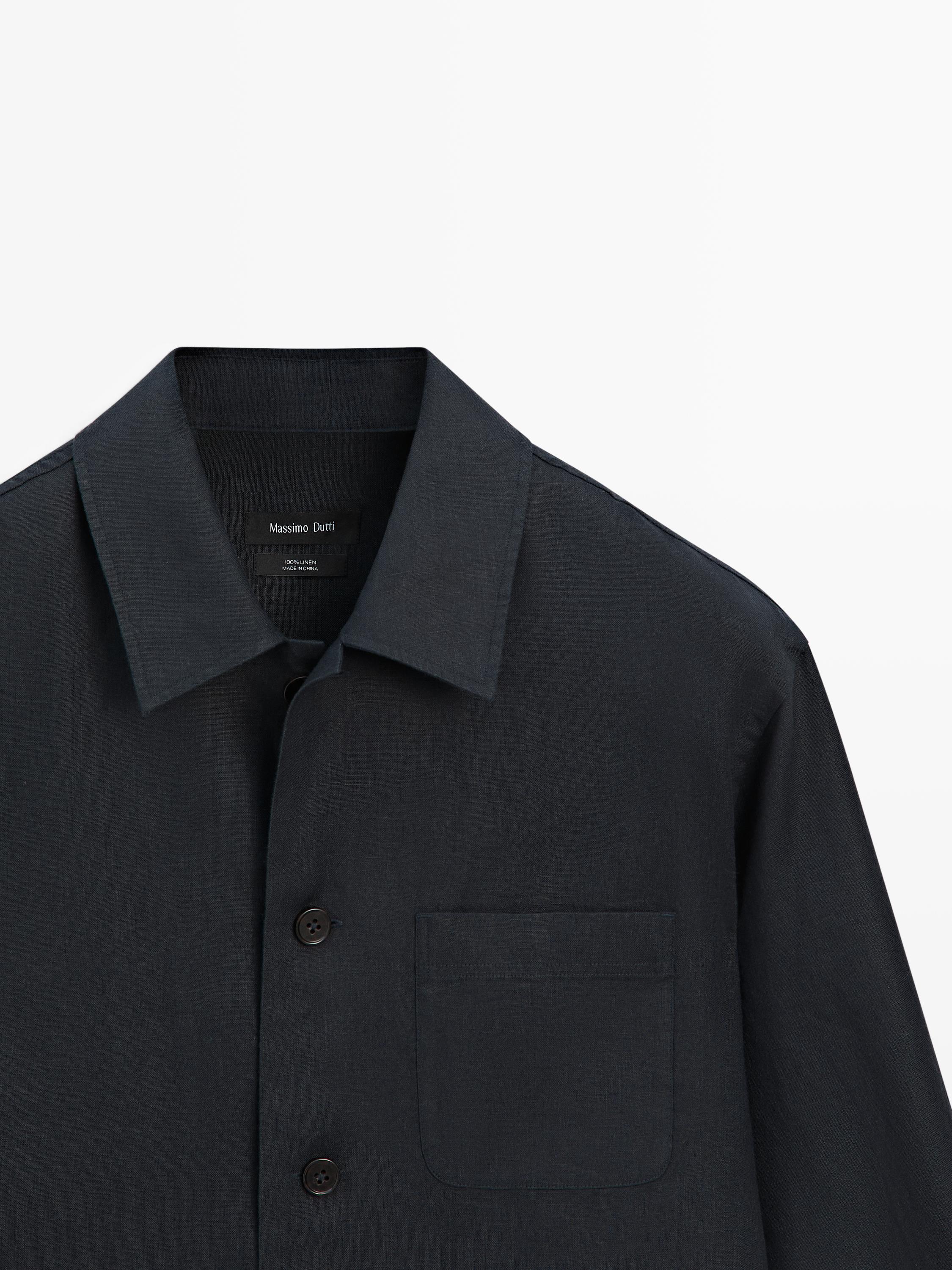 Linen total look overshirt with pocket details — NAVY BLUE