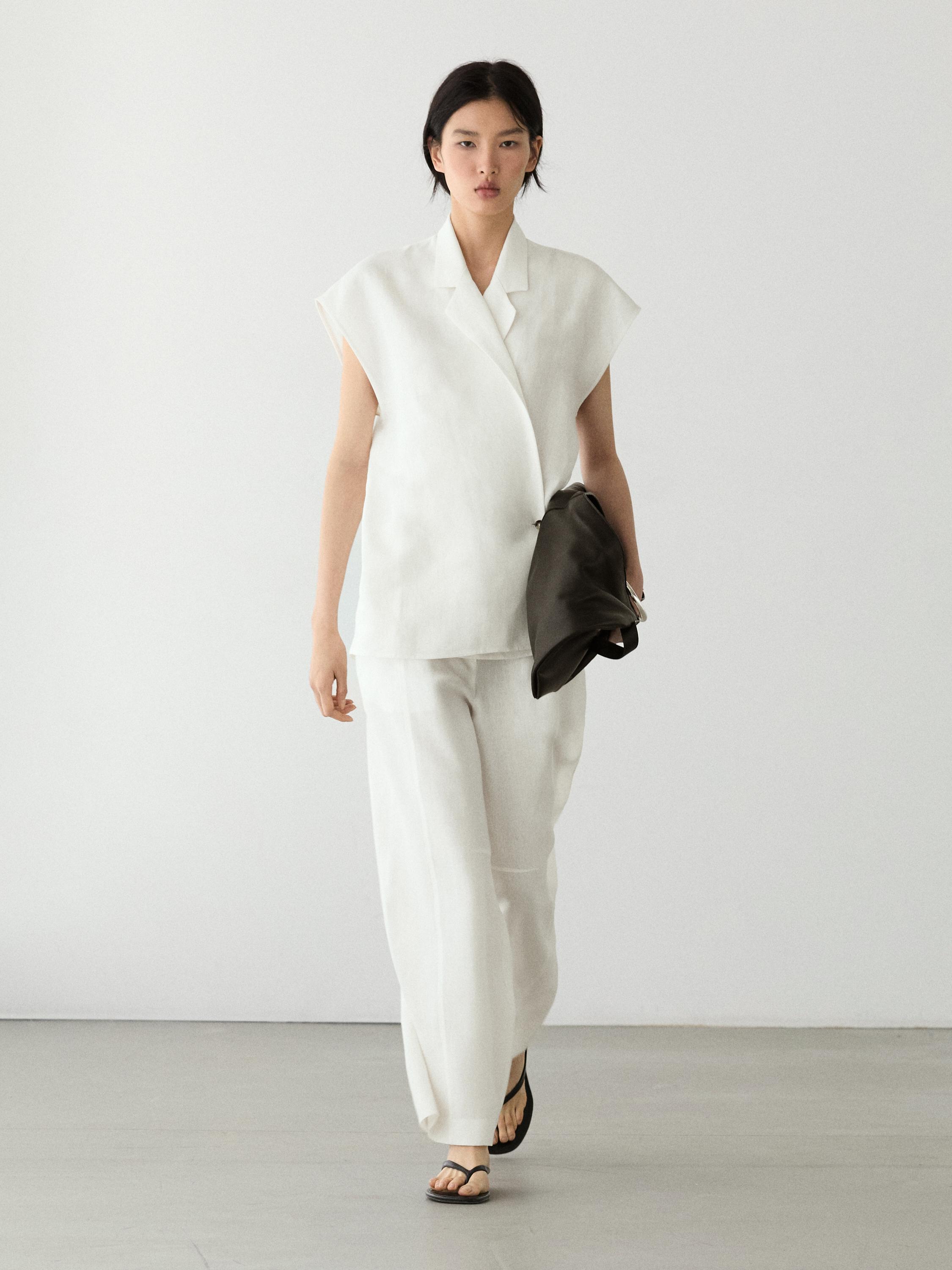 Linen double-breasted lapel vest — Off white