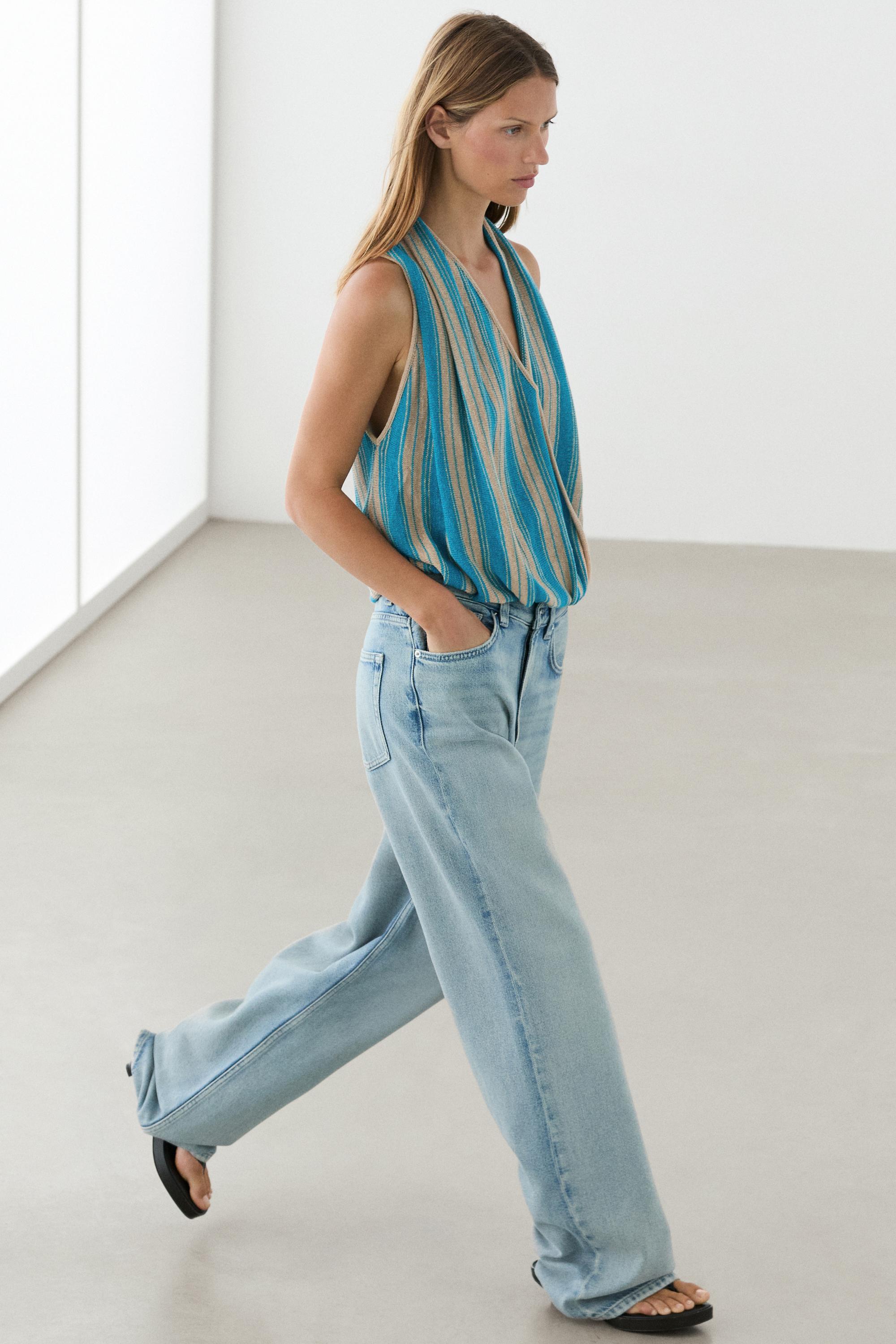 Striped linen blend surplice top — TURQUOISE