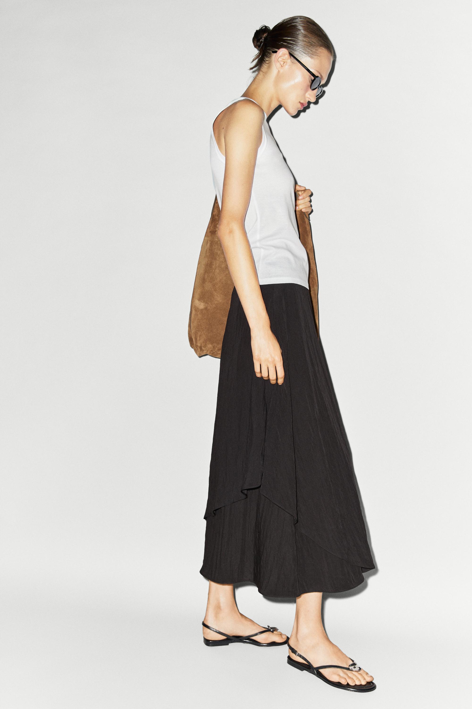 Flowing asymmetrical panel midi skirt — BLACK