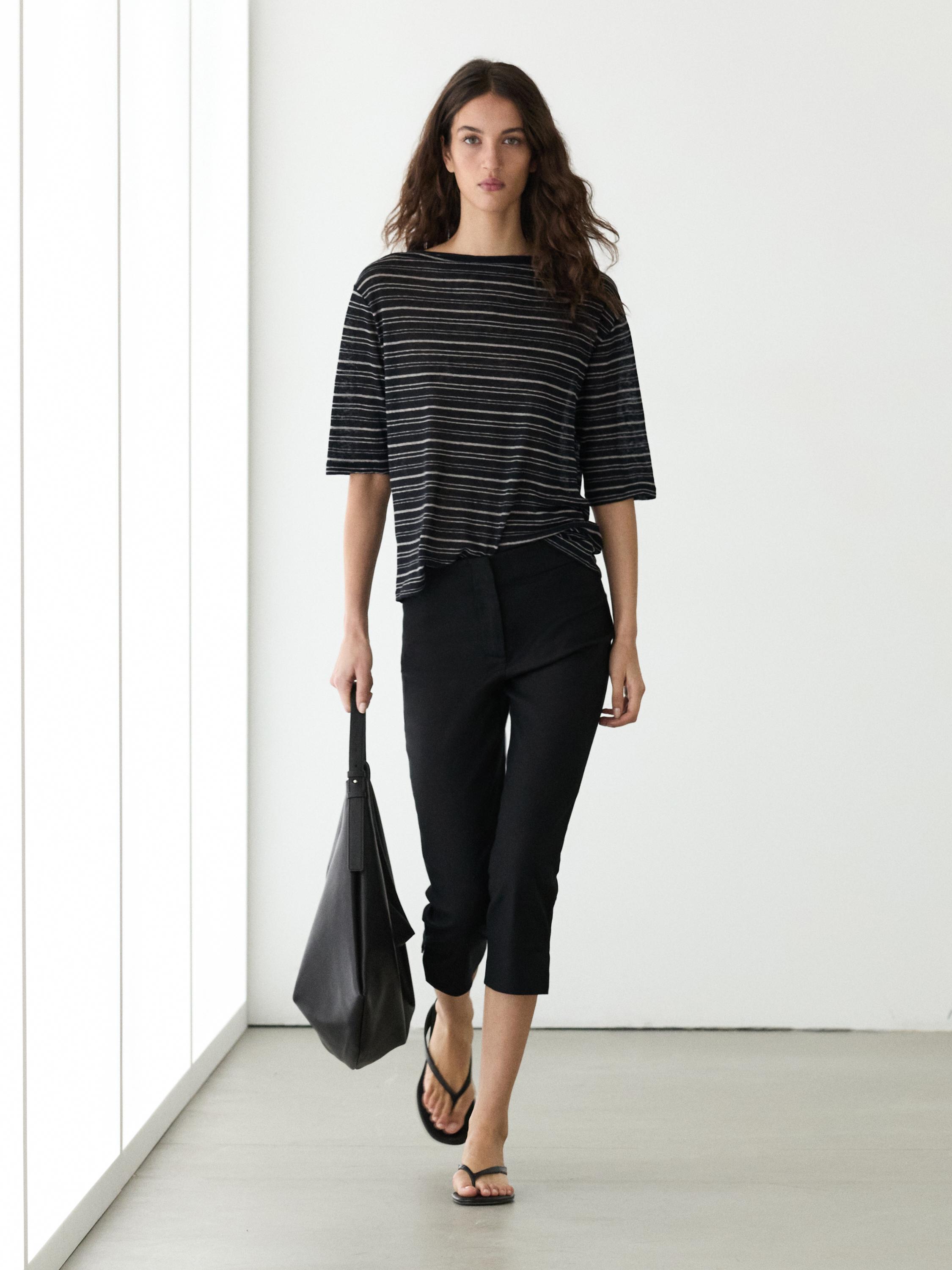 Striped linen 3/4 sleeve knit T-shirt