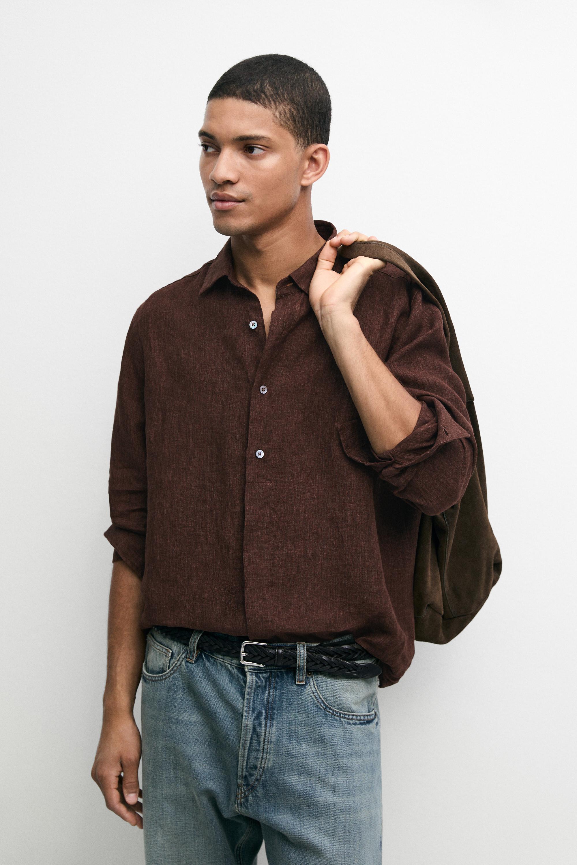 100% linen regular fit shirt with button detail — BROWN