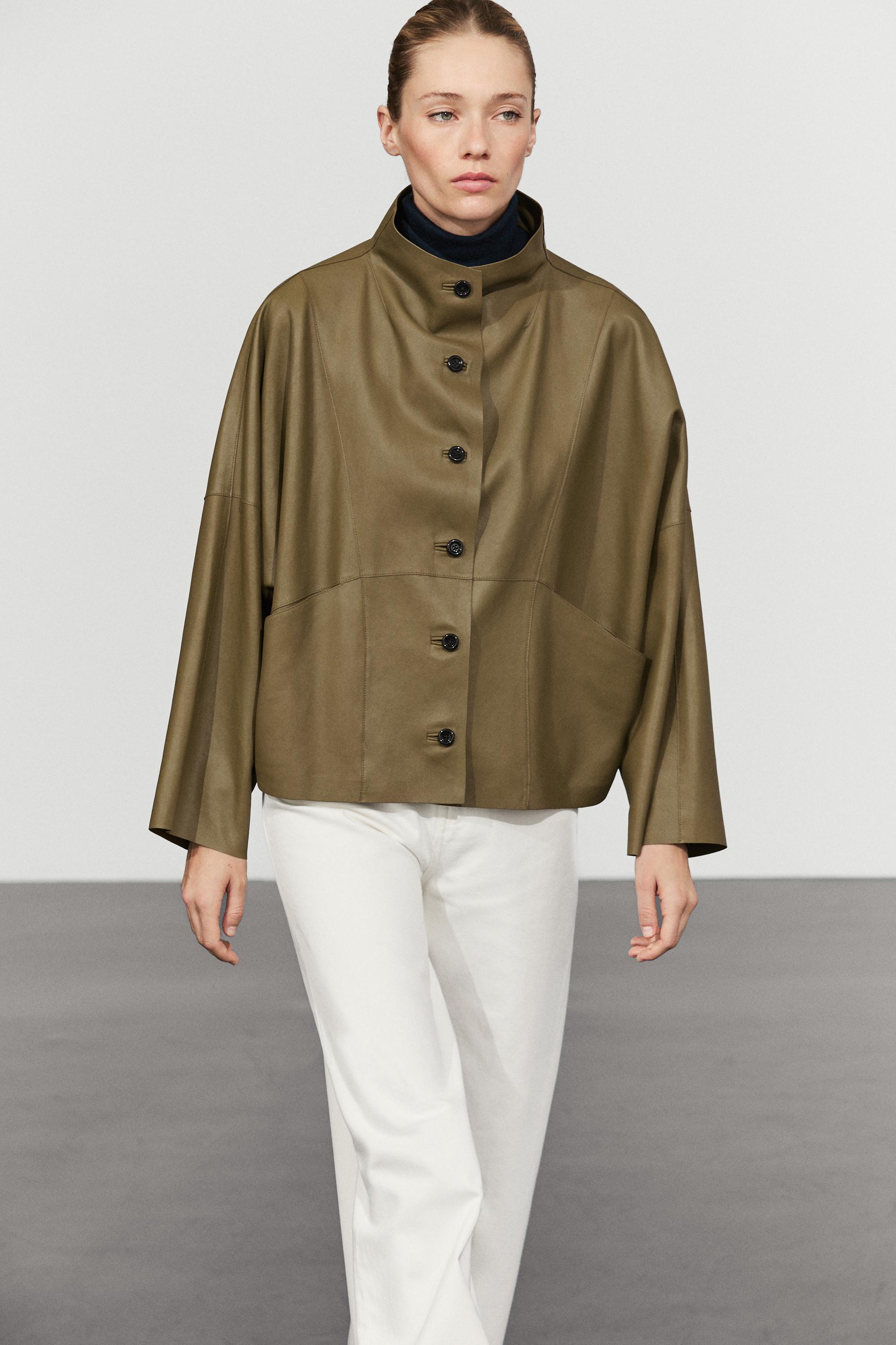 Stand collar nappa leather cropped jacket — KHAKI