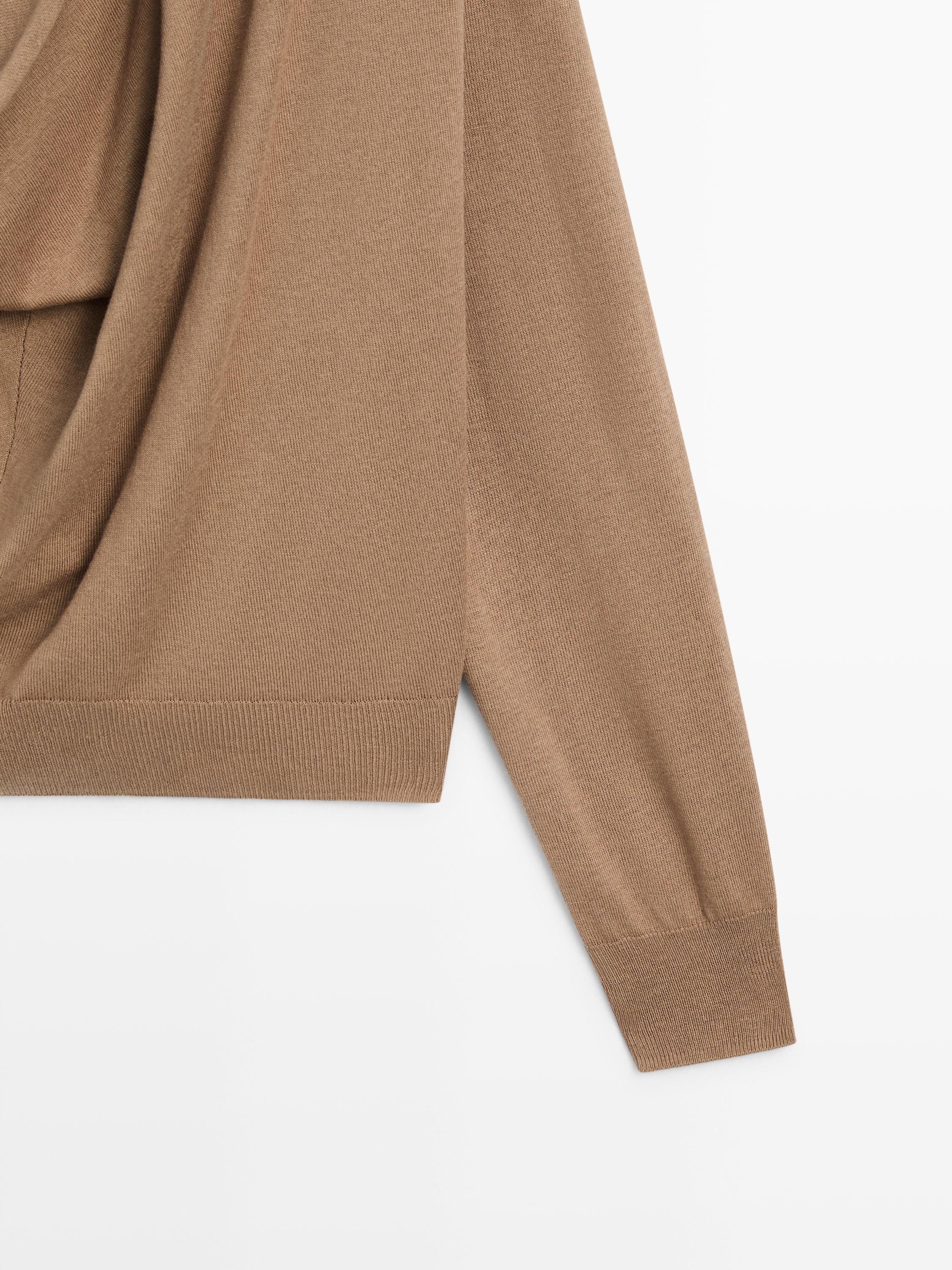 Draped neckline cotton sweater — CAMEL
