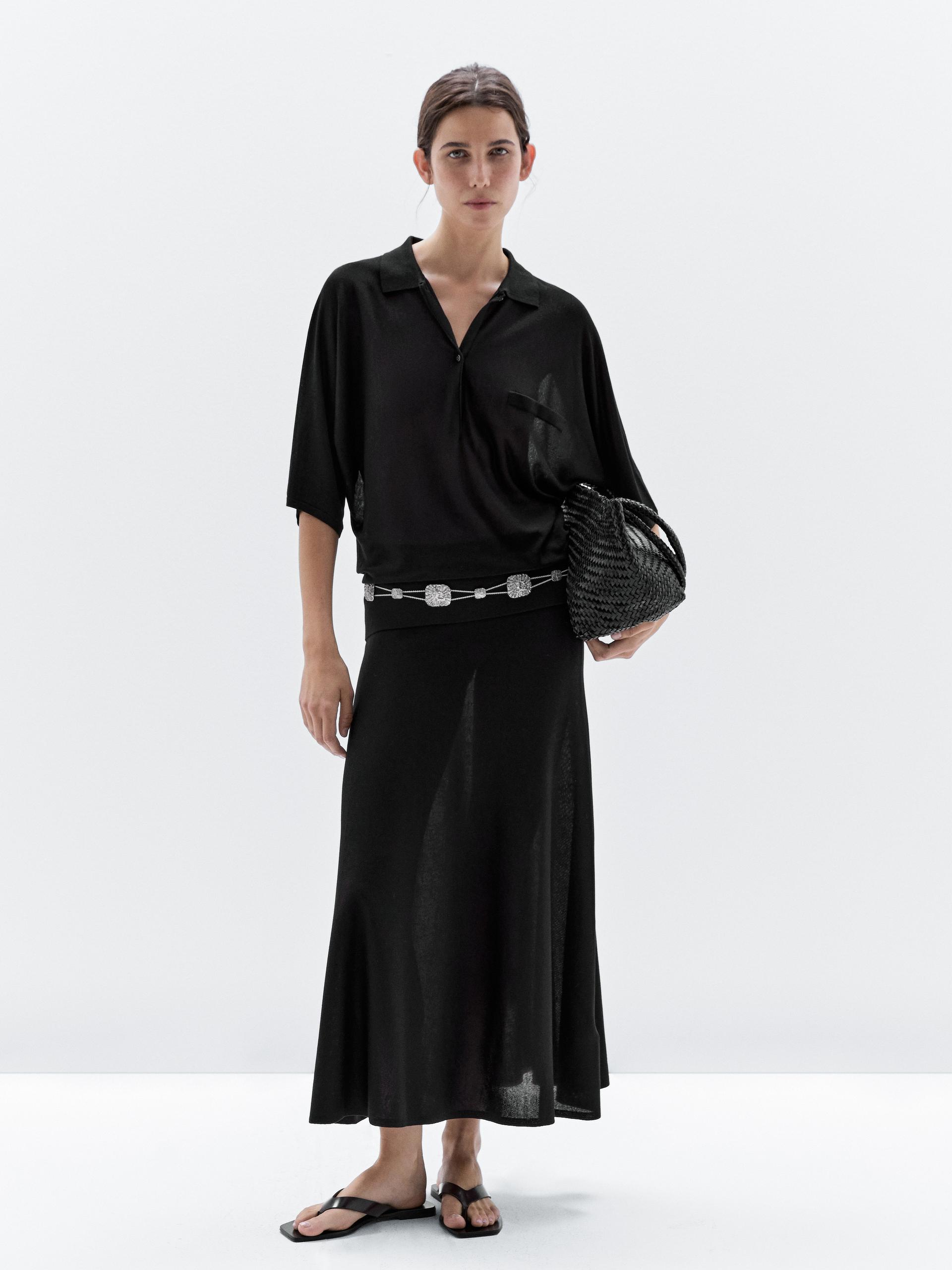 Polo De Malha Com Manga Morcego - Preto - S - Massimo Dutti - Mulher