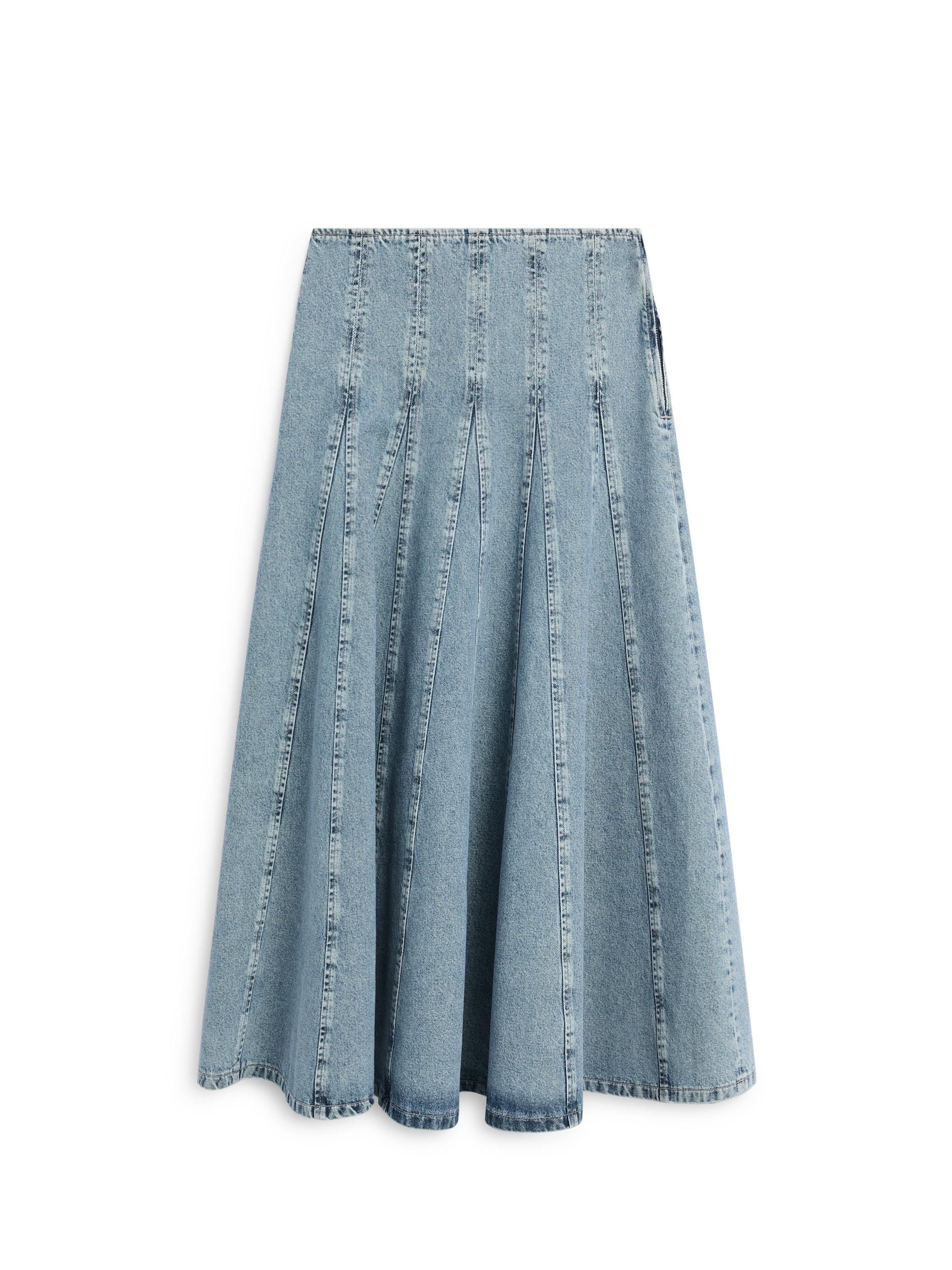 Denim godet midi skirt — Light Blue