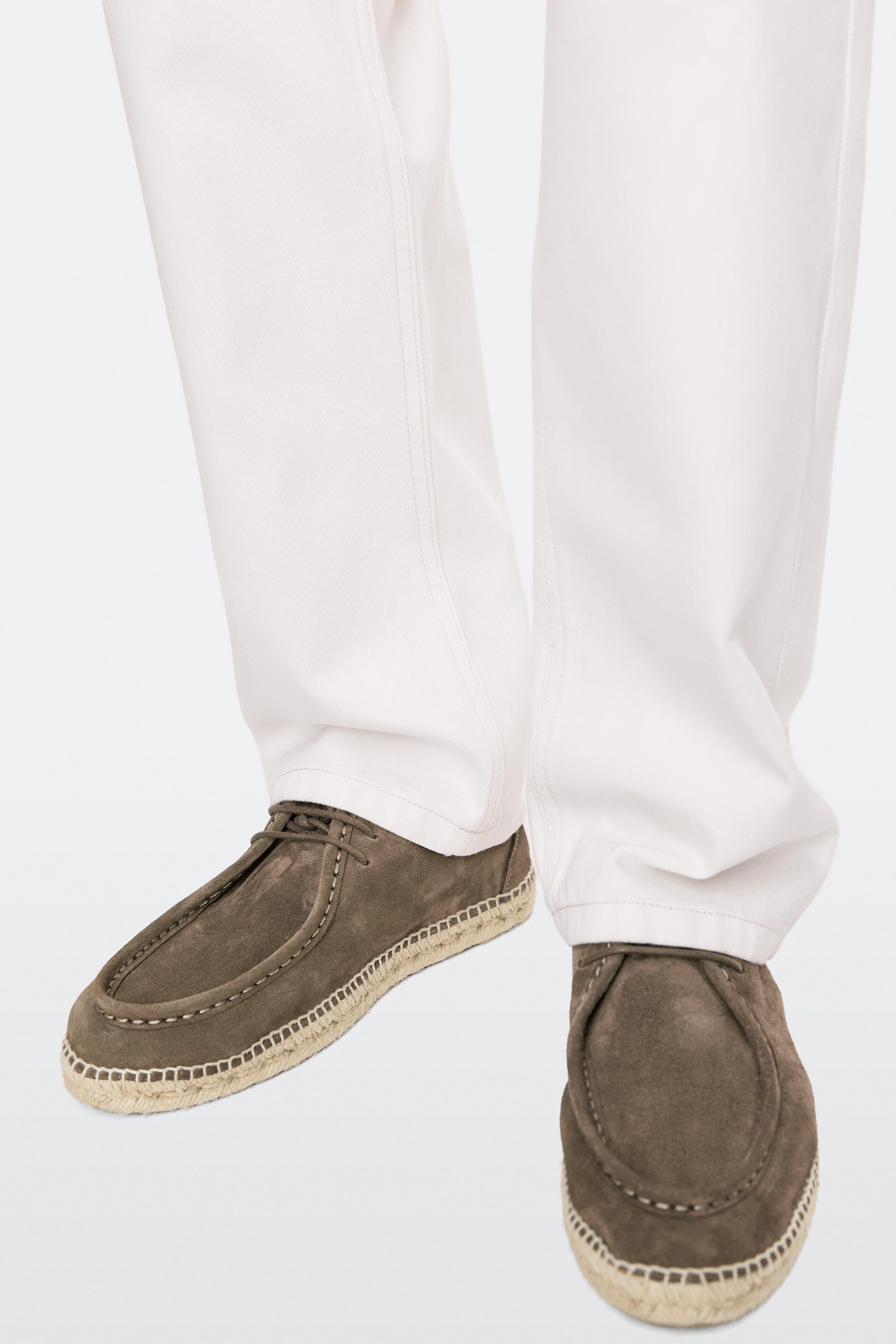 Split leather shoes with moc toe and jute sole — GREY