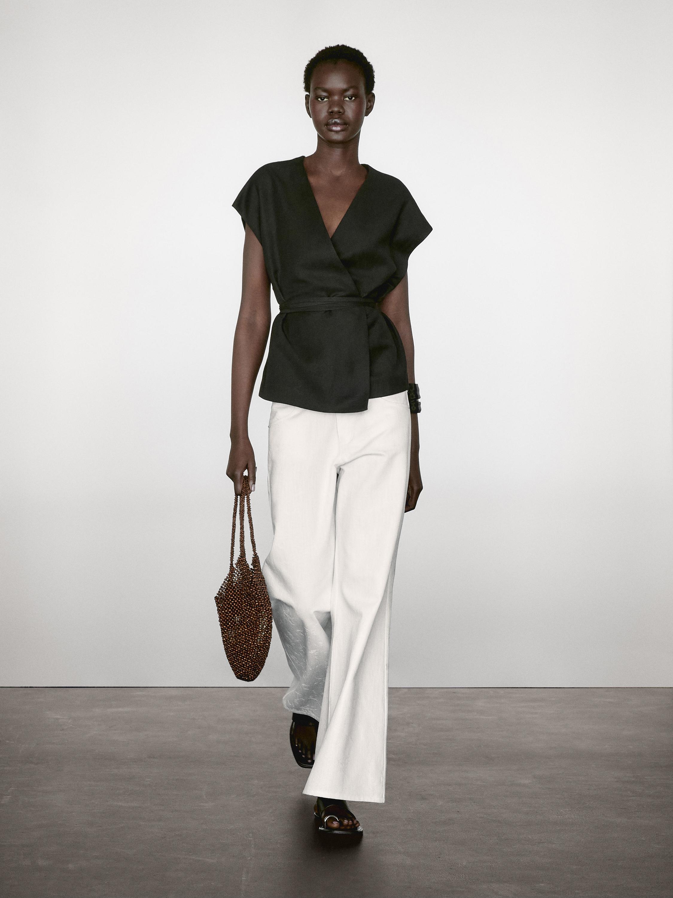 كيمونو متداخل من الكتان المخلوط مفصل برباط