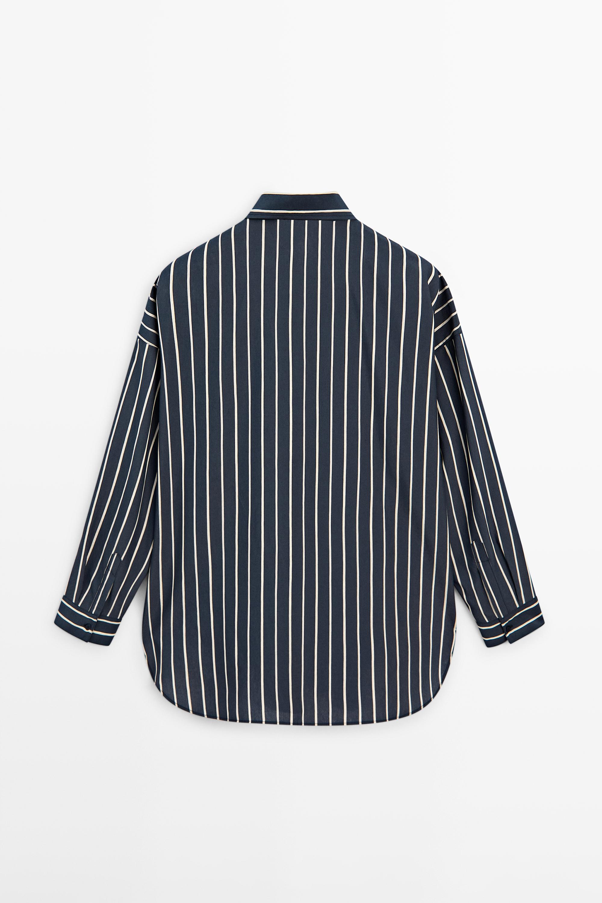 Striped flowing shirt with pocket detail — NAVY BLUE