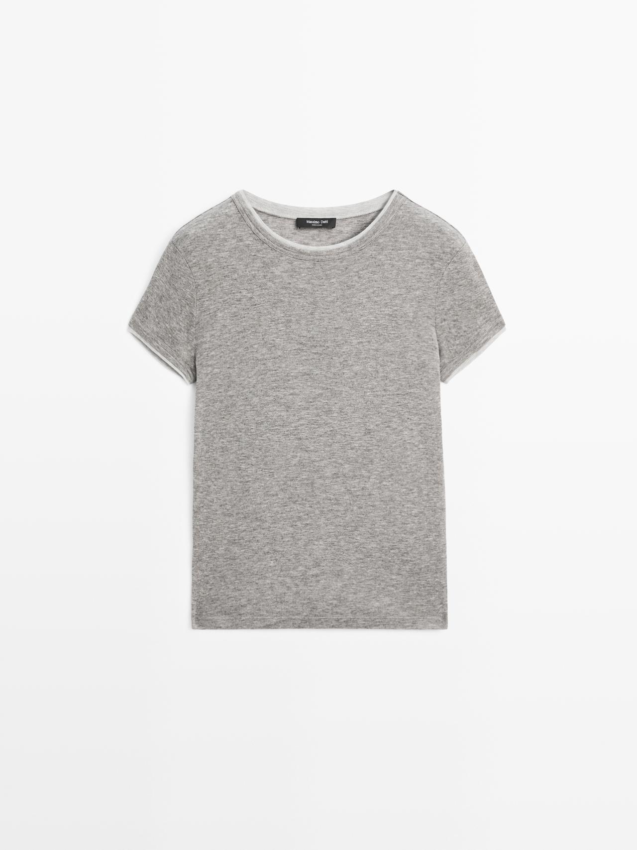 Massimo Dutti - Dames - T-Shirt Met Korte Mouw En Dubbele Bies - Vigo Grijs - Xl