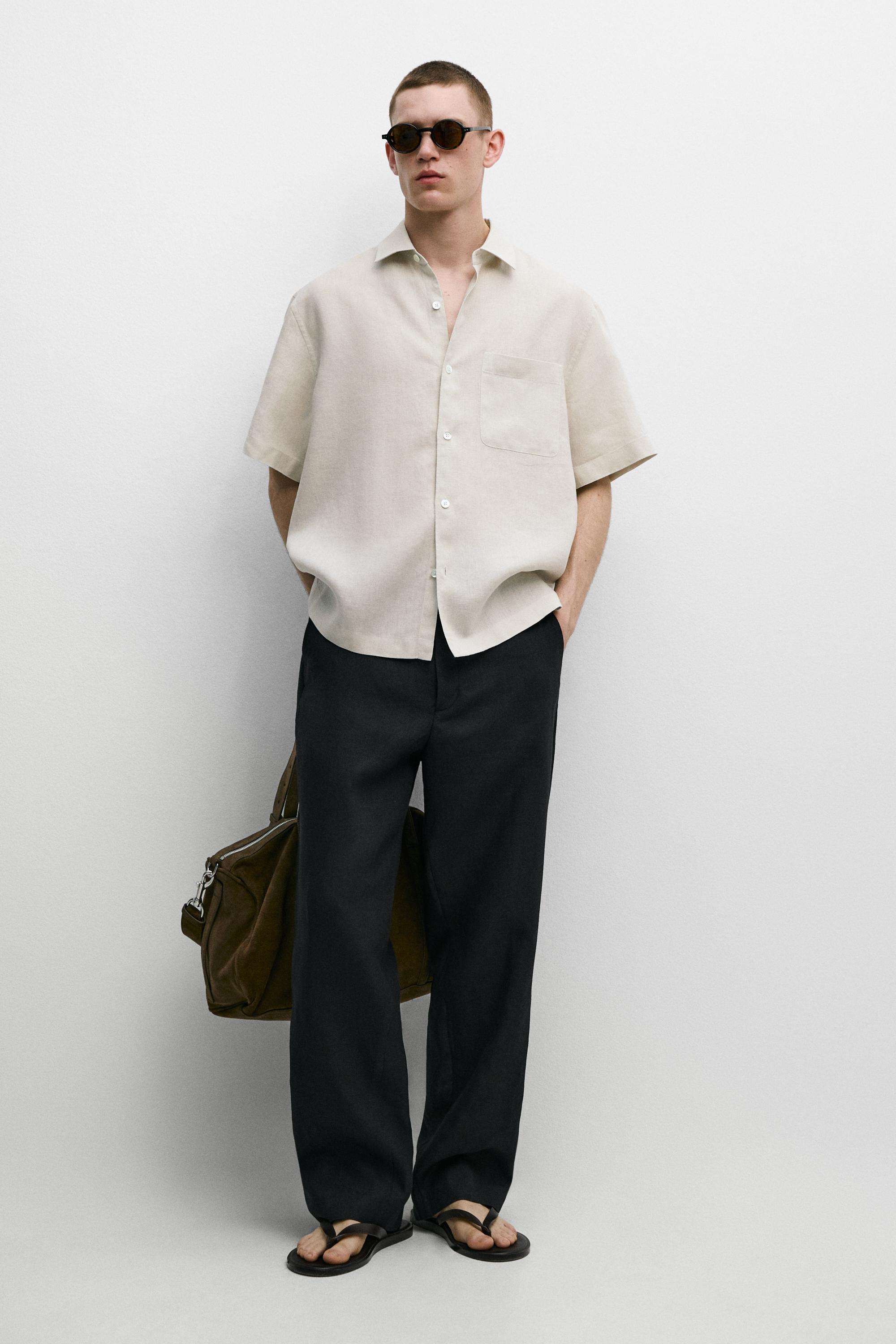 100% linen regular fit short sleeve shirt — BEIGE