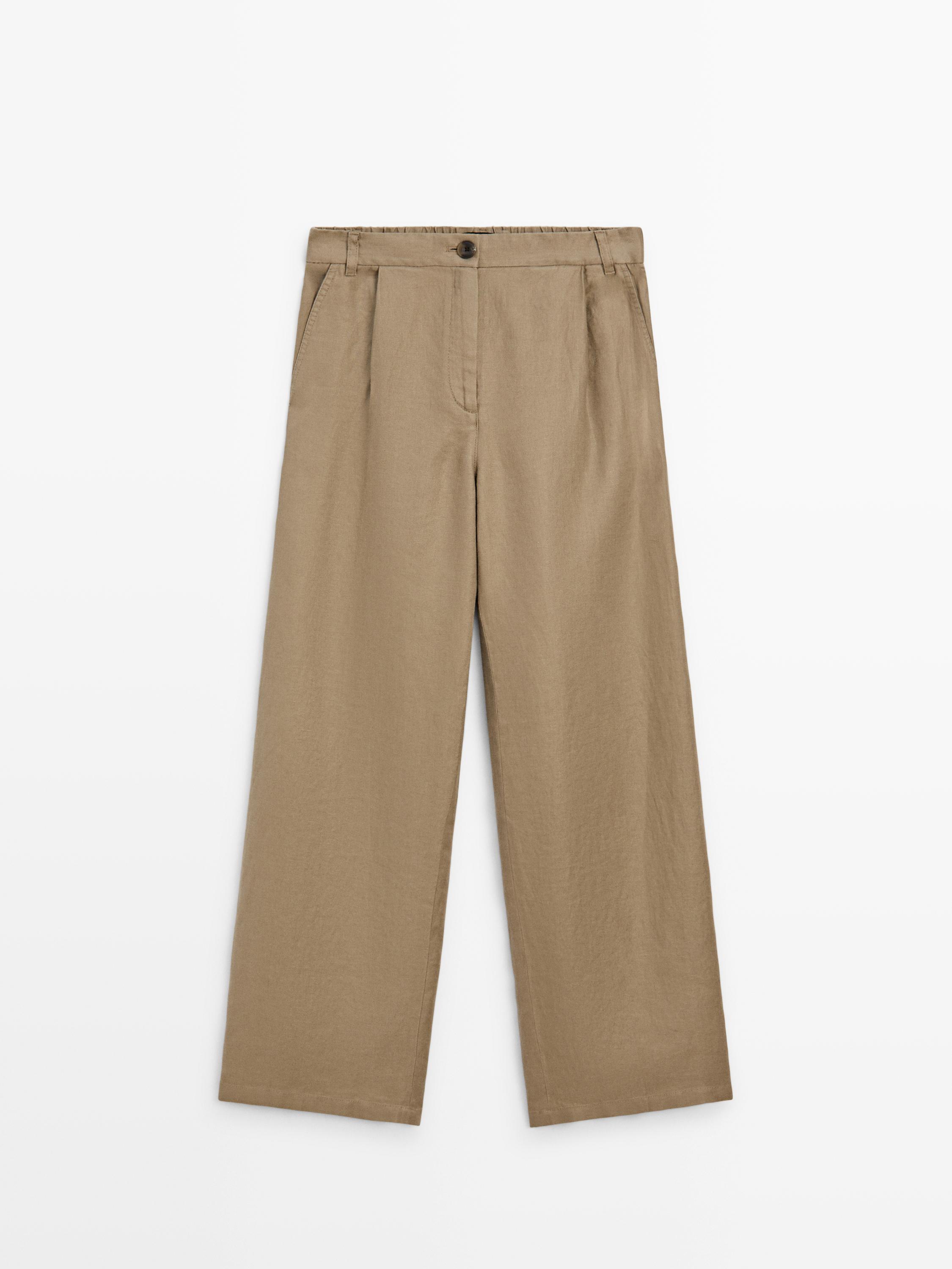 100% linen wide-leg elasticated trousers — PALE GREEN